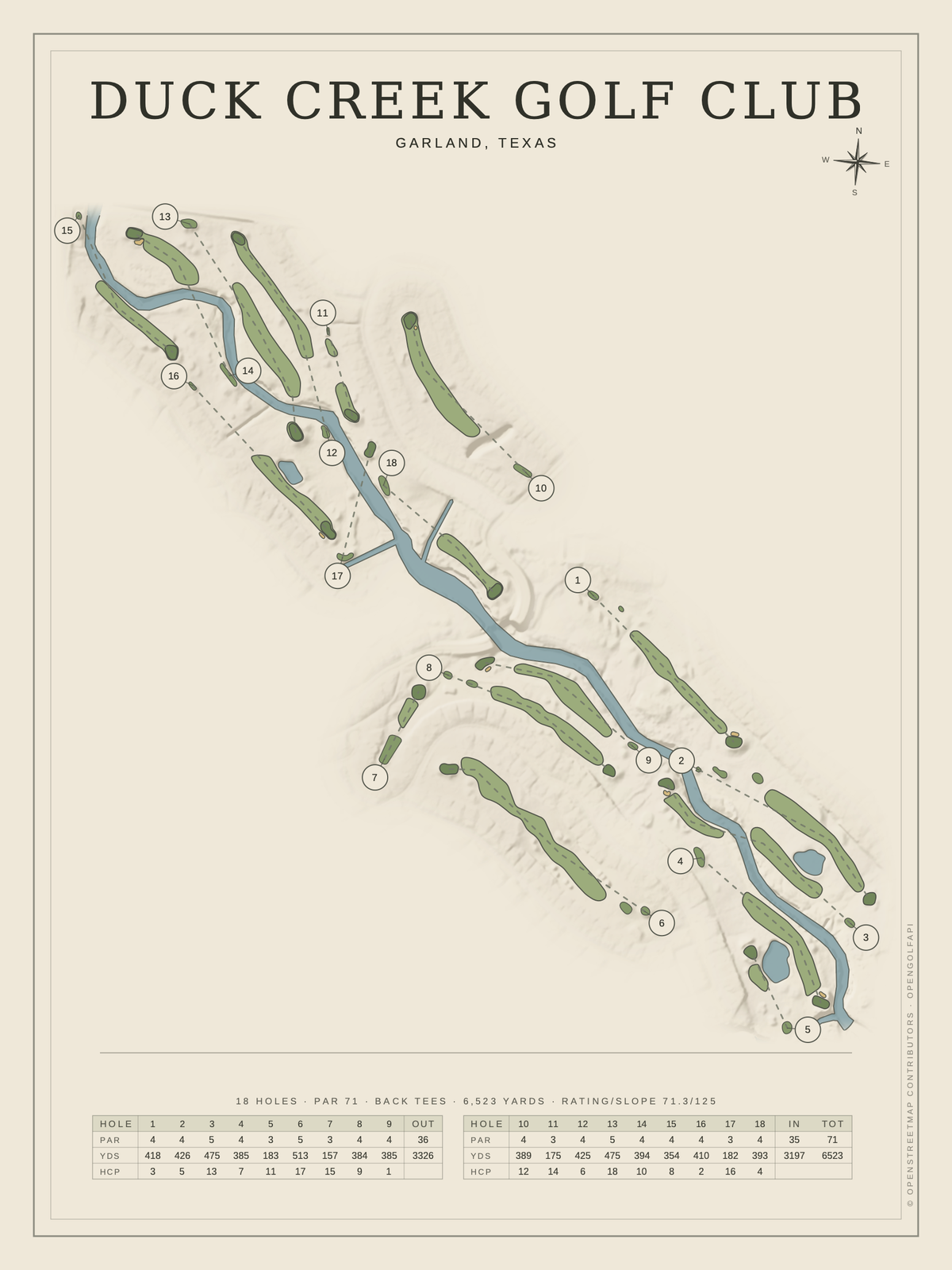 Duck Creek Golf Club course map poster, Classic style, 12×16 / 18×24