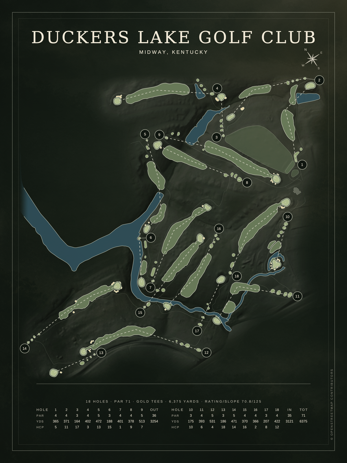 Duckers Lake Golf Club course map poster, Architectural style, 12×16 / 18×24