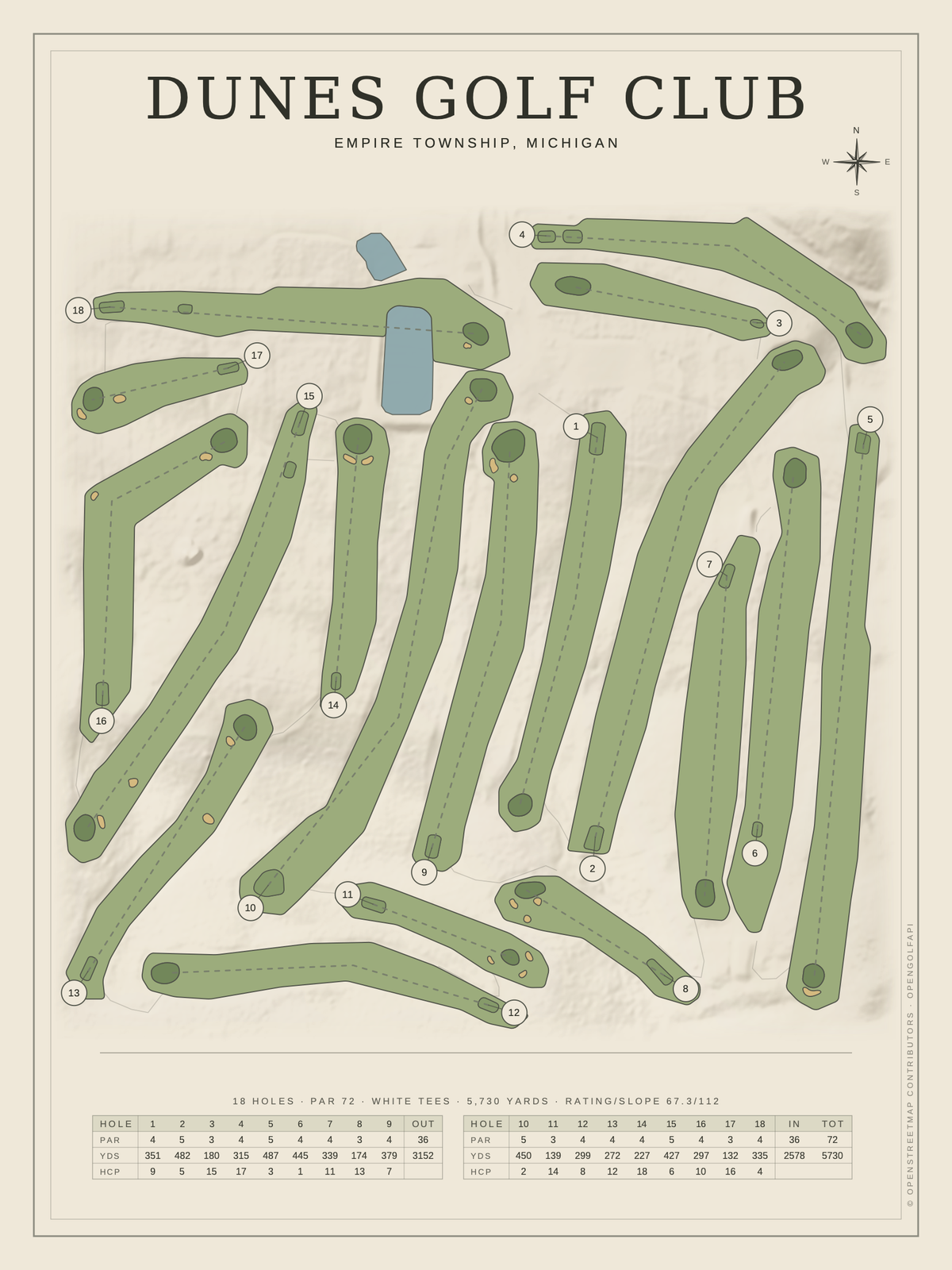 Dunes Golf Club course map poster, Classic style, 12×16 / 18×24