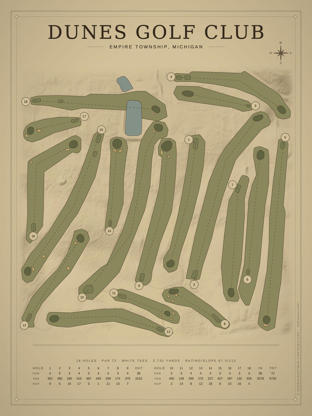 Dunes Golf Club course map poster, Vintage style, 12×16 / 18×24