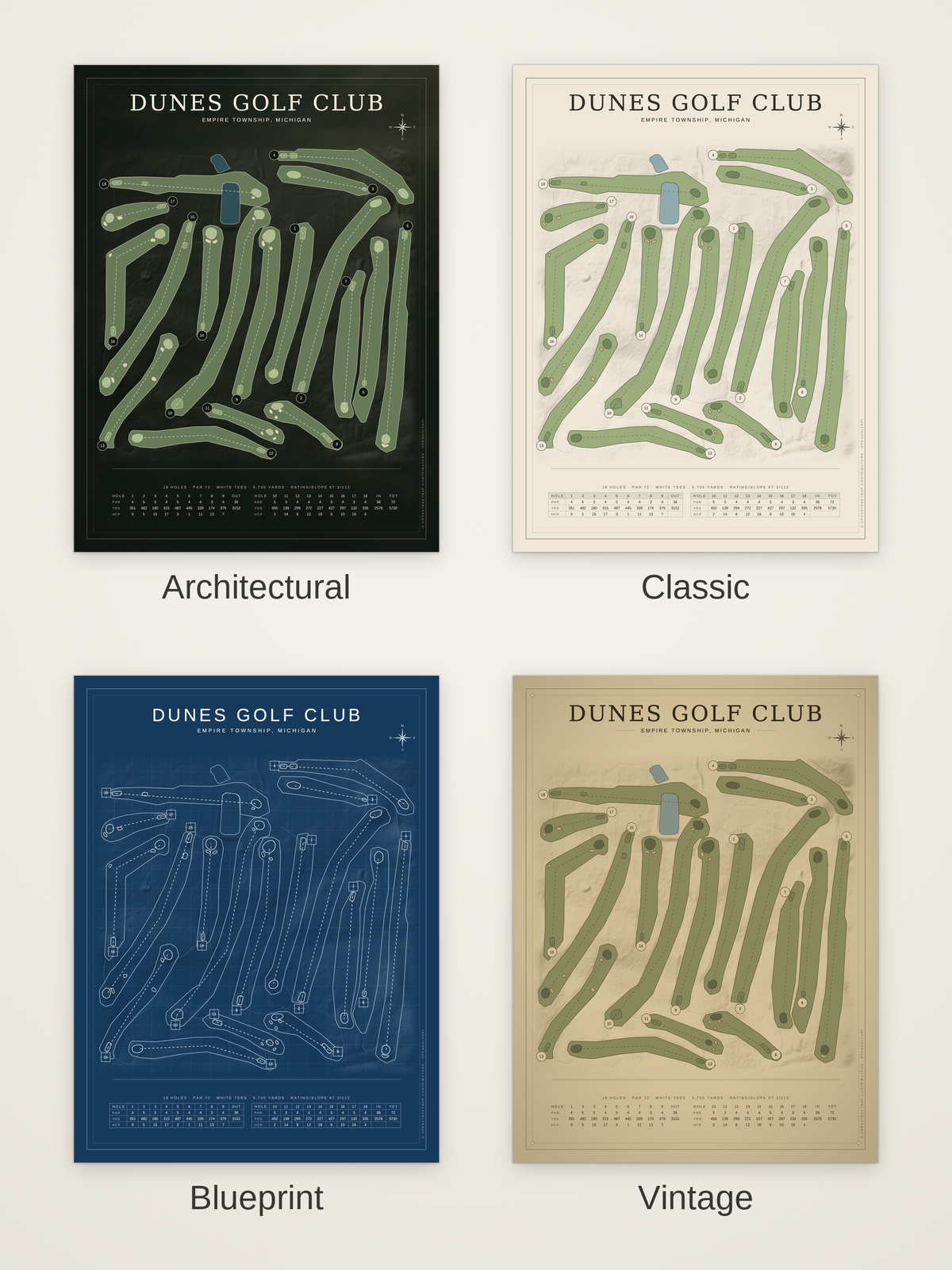 Dunes Golf Club course map poster in four styles: Architectural, Classic, Blueprint and Vintage
