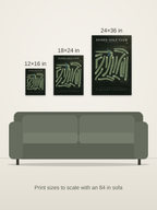 Dunes Golf Club course map poster in the Architectural style at 12×16, 18×24 and 24×36 inches, shown to scale on a wall above an 84-inch sofa