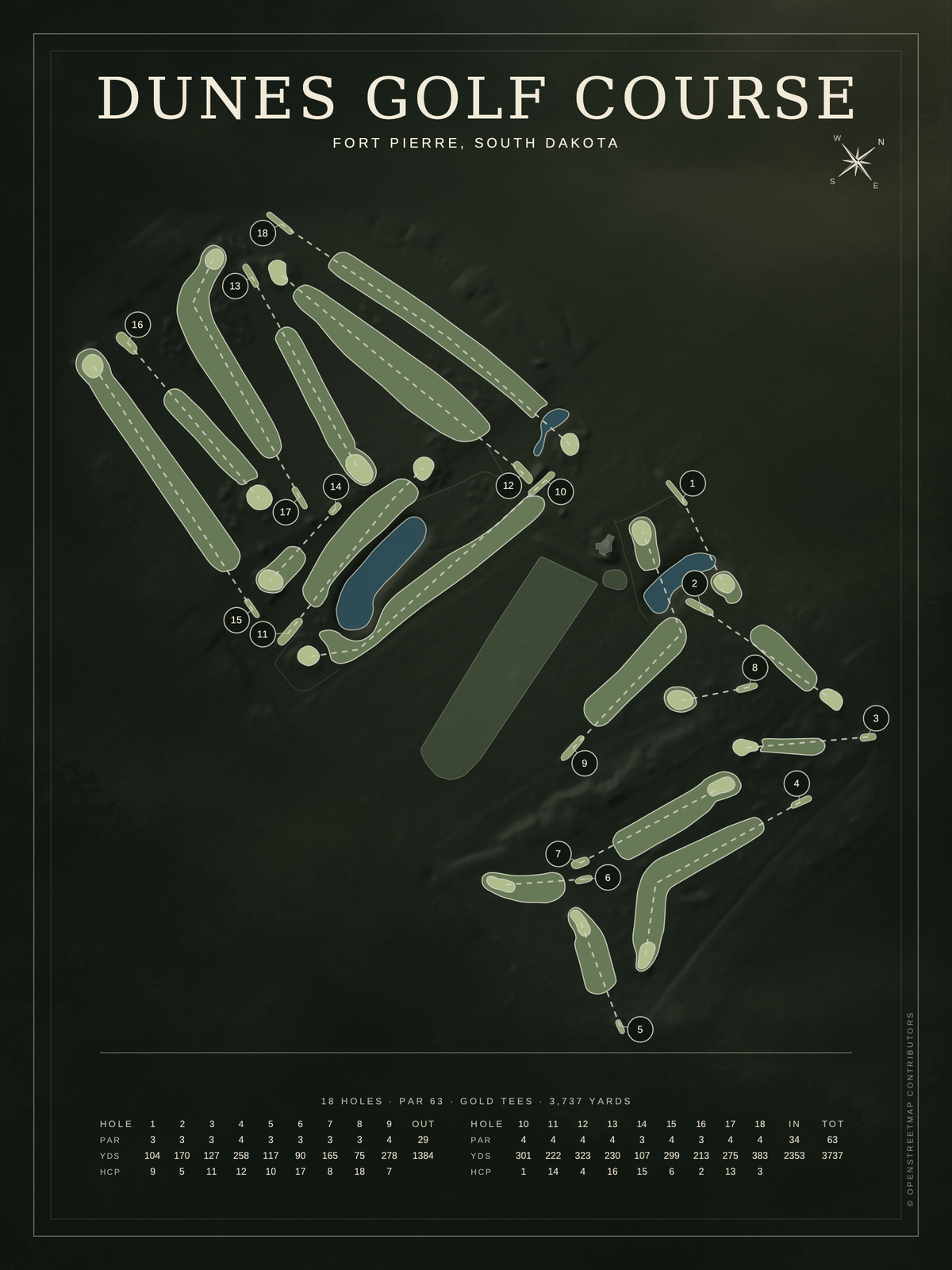 Dunes Golf Course map poster, Architectural style, 12×16 / 18×24
