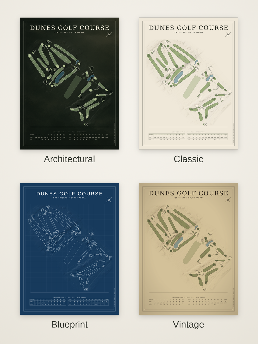 Dunes Golf Course map poster in four styles: Architectural, Classic, Blueprint and Vintage