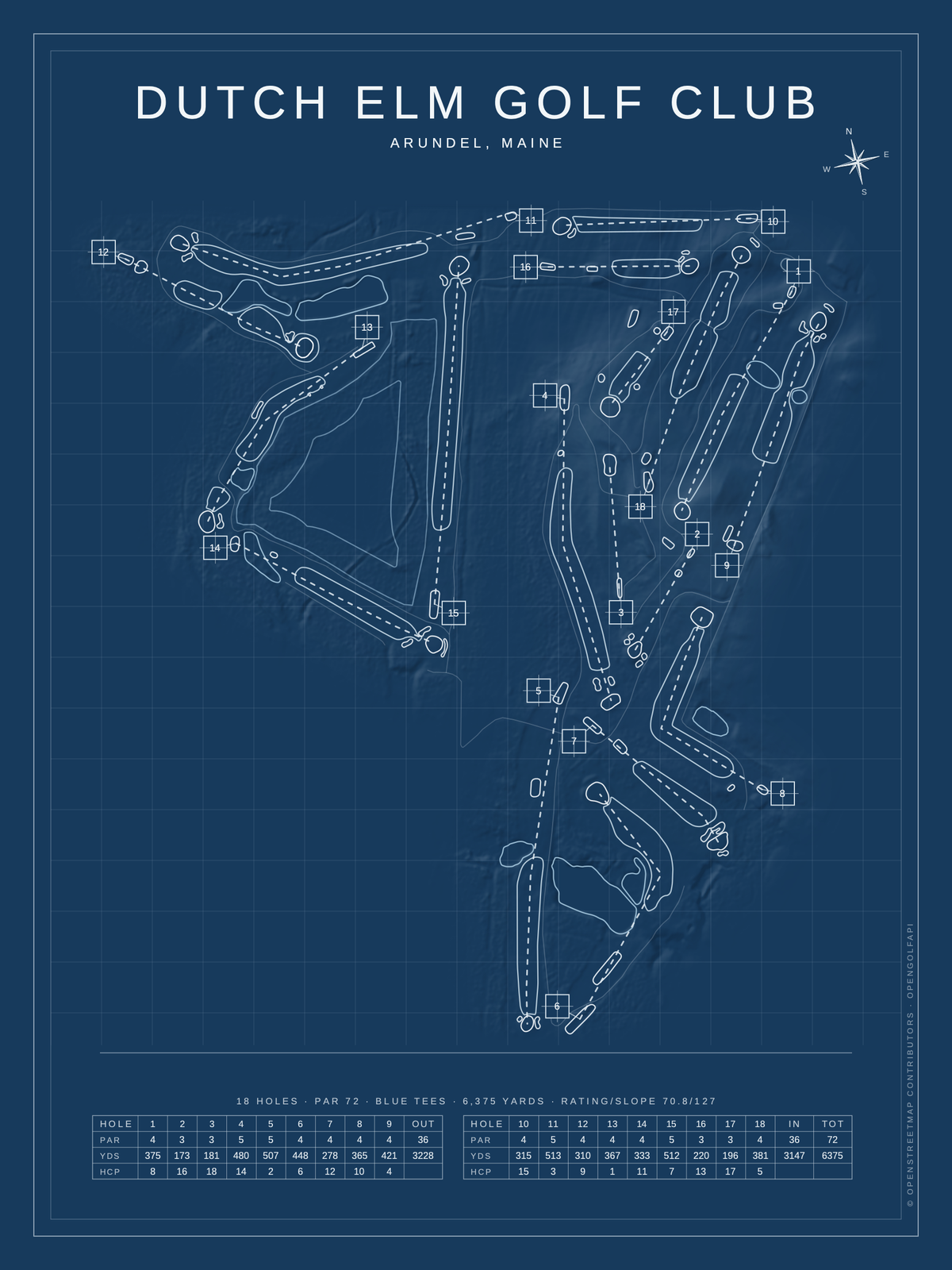 Dutch Elm Golf Club course map poster, Blueprint style, 12×16 / 18×24