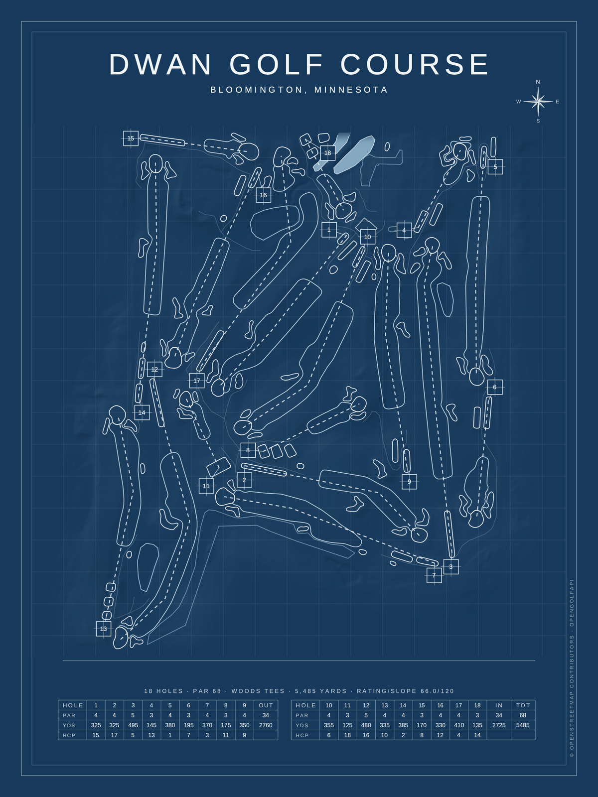 Dwan Golf Course map poster, Blueprint style, 12×16 / 18×24