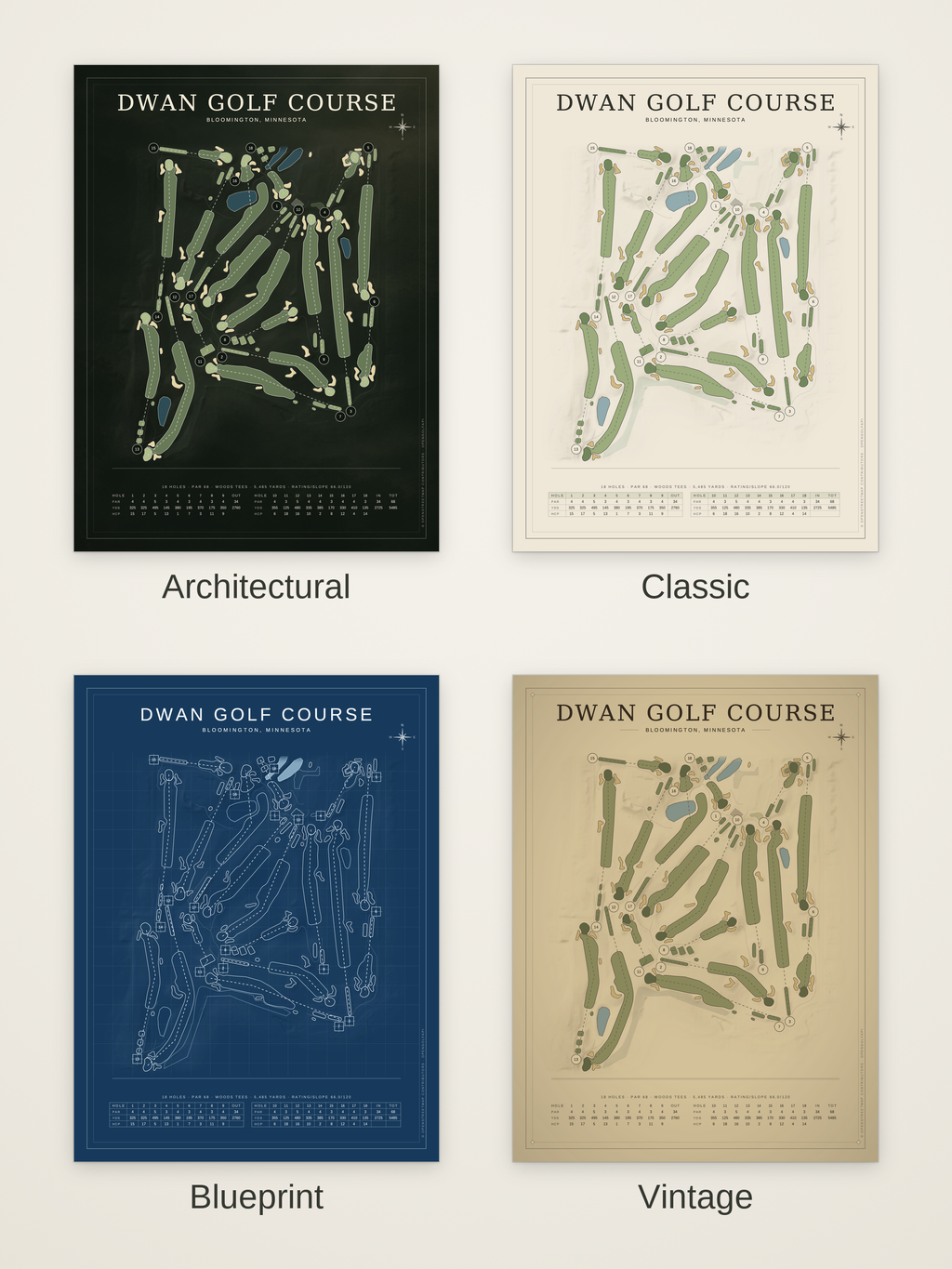 Dwan Golf Course map poster in four styles: Architectural, Classic, Blueprint and Vintage