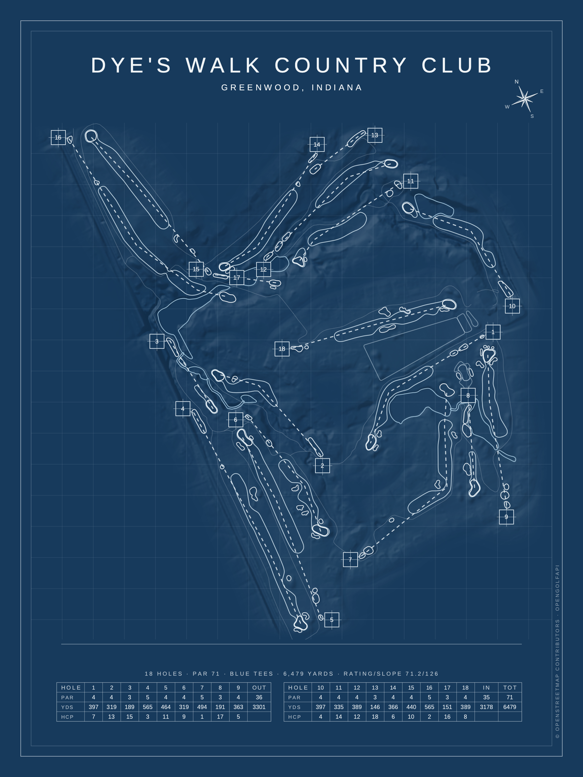 Dye's Walk Country Club course map poster, Blueprint style, 12×16 / 18×24