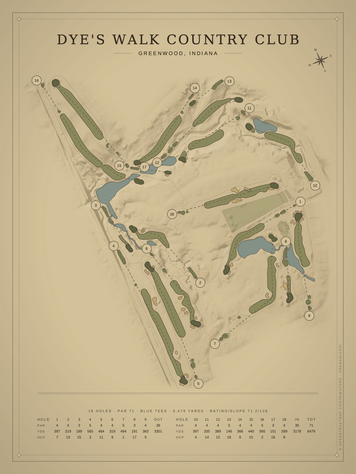 Dye's Walk Country Club course map poster, Vintage style, 12×16 / 18×24