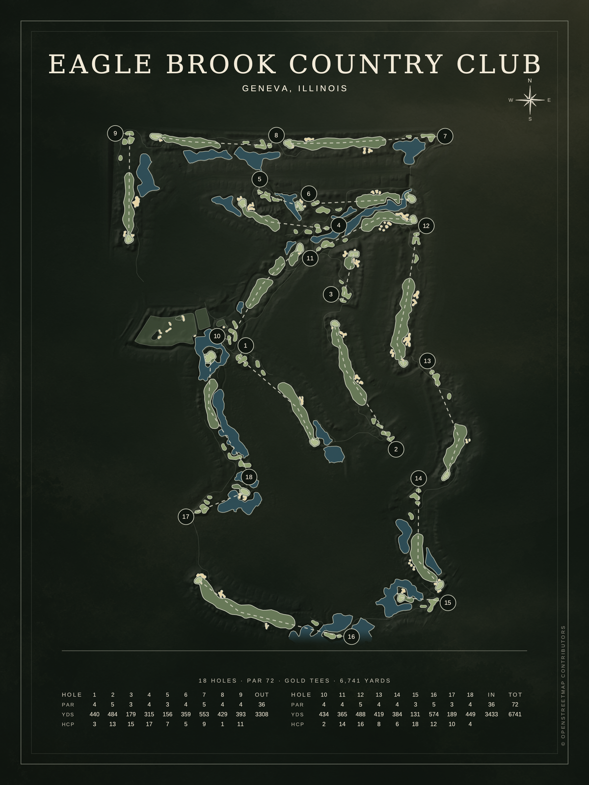 Eagle Brook Country Club course map poster, Architectural style, 12×16 / 18×24