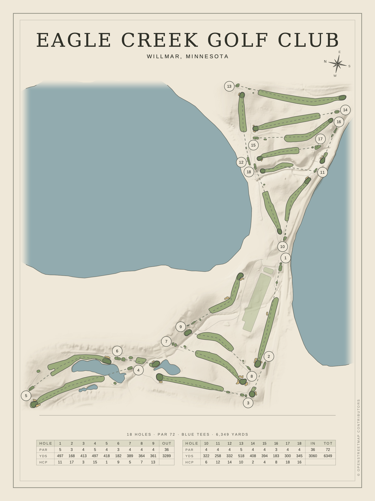 Eagle Creek Golf Club course map poster, Classic style, 12×16 / 18×24