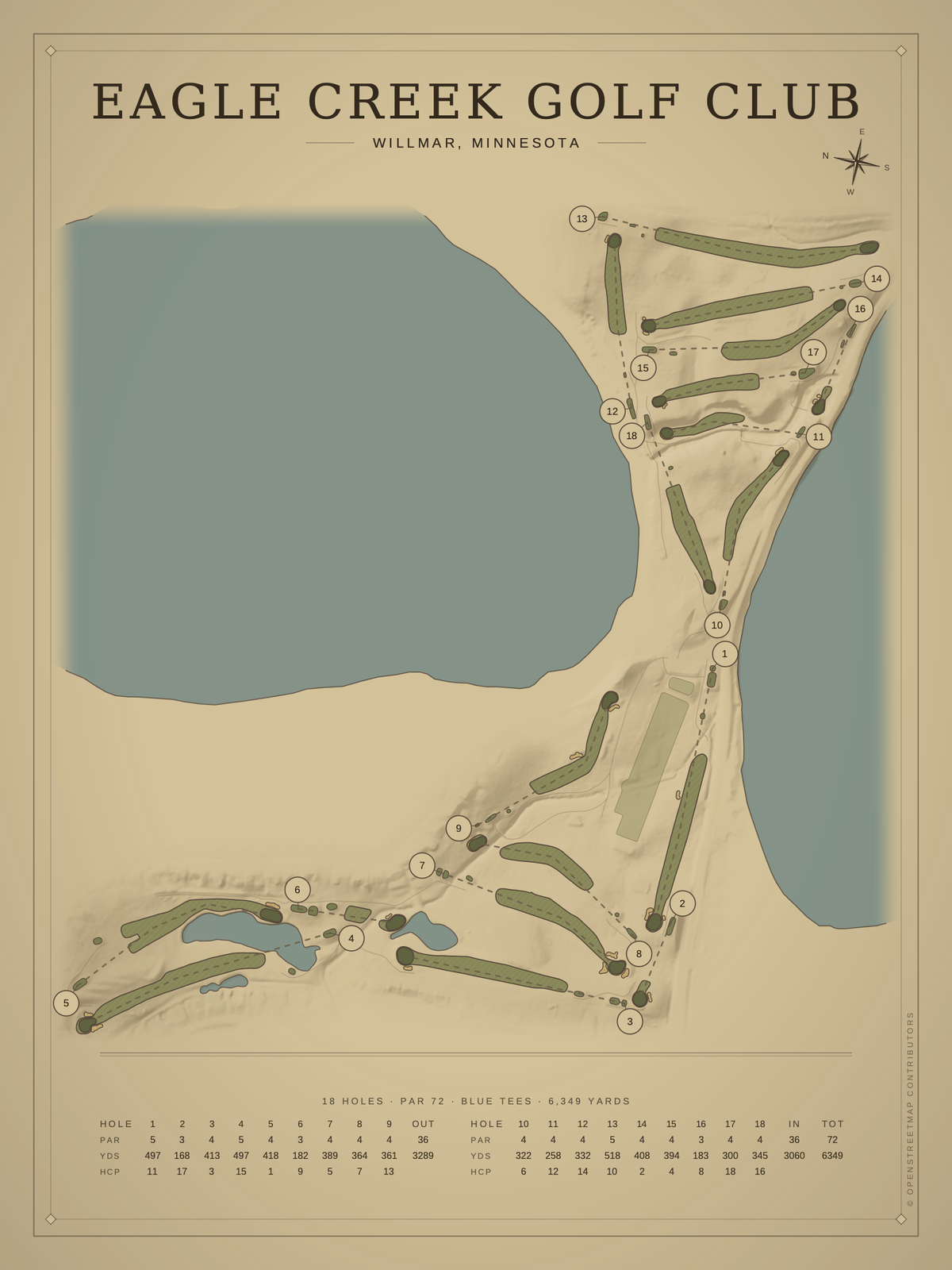 Eagle Creek Golf Club course map poster, Vintage style, 12×16 / 18×24