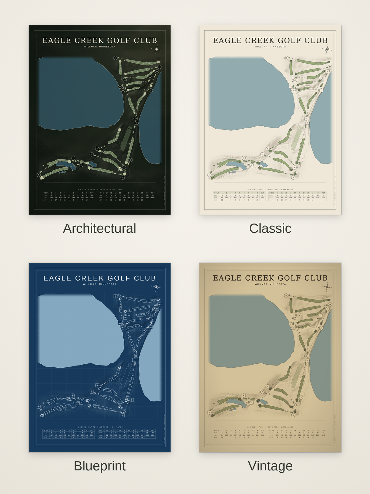 Eagle Creek Golf Club course map poster in four styles: Architectural, Classic, Blueprint and Vintage