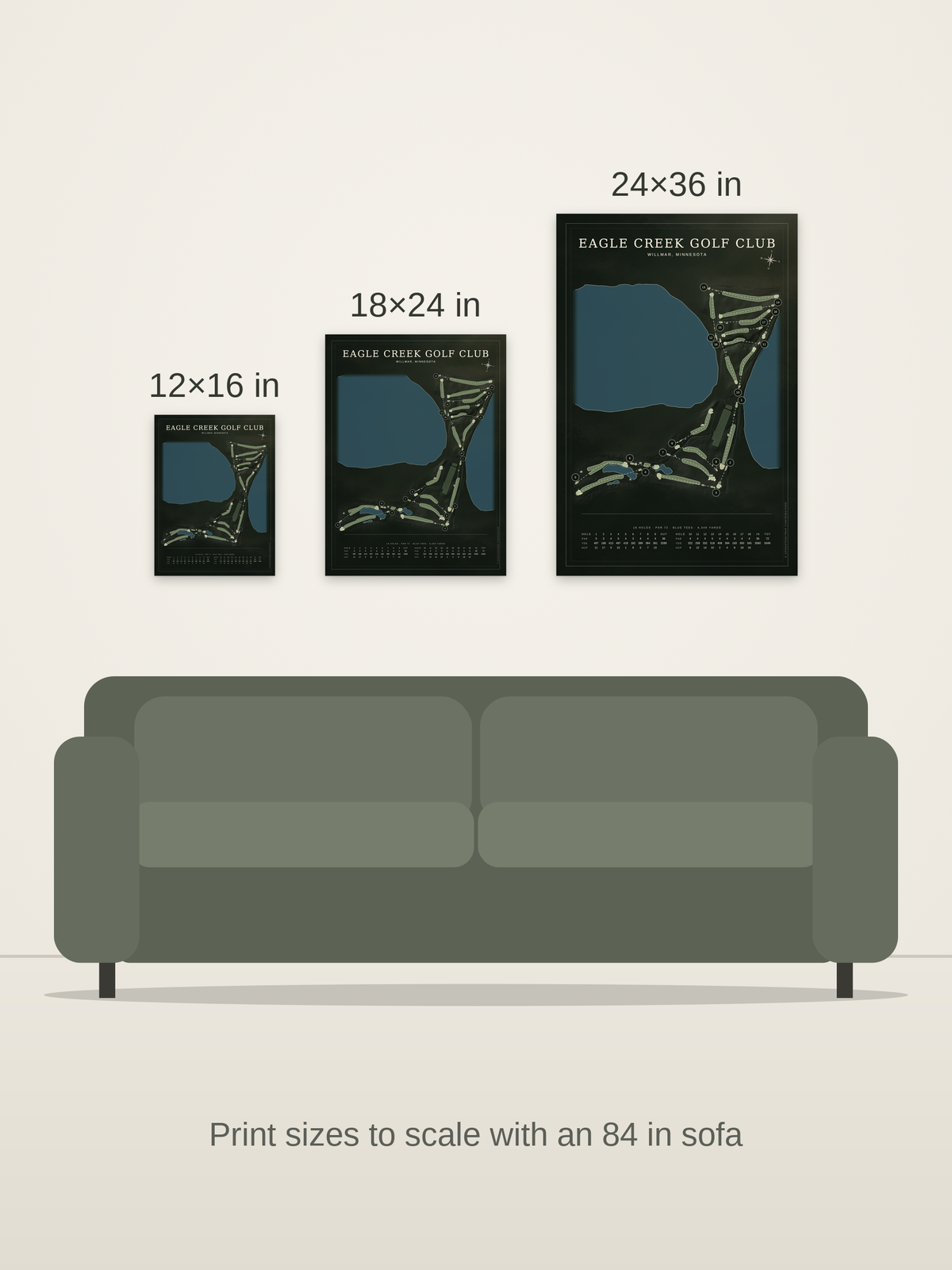 Eagle Creek Golf Club course map poster in the Architectural style at 12×16, 18×24 and 24×36 inches, shown to scale on a wall above an 84-inch sofa