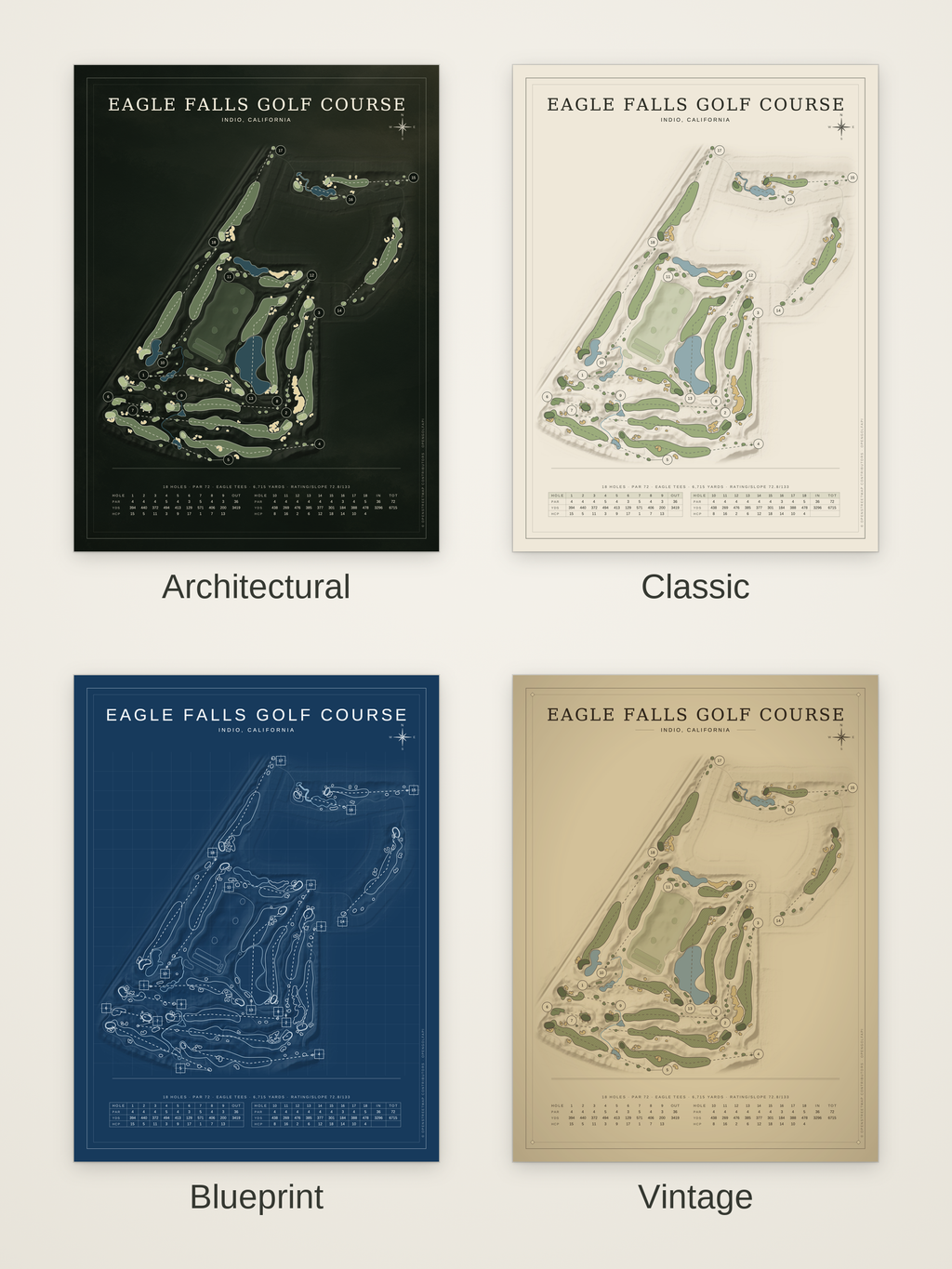 Eagle Falls Golf Course map poster in four styles: Architectural, Classic, Blueprint and Vintage