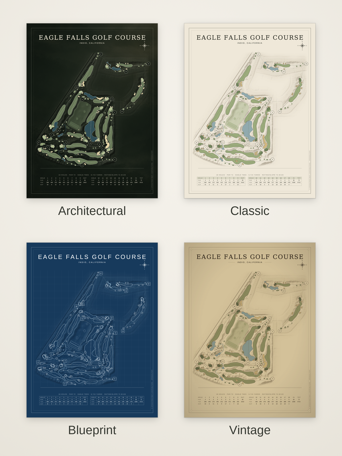 Eagle Falls Golf Course map poster in four styles: Architectural, Classic, Blueprint and Vintage