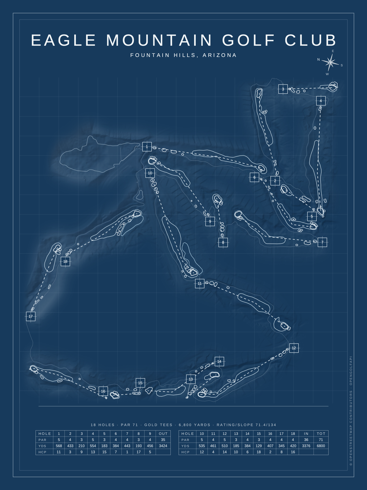 Eagle Mountain Golf Club course map poster, Blueprint style, 12×16 / 18×24