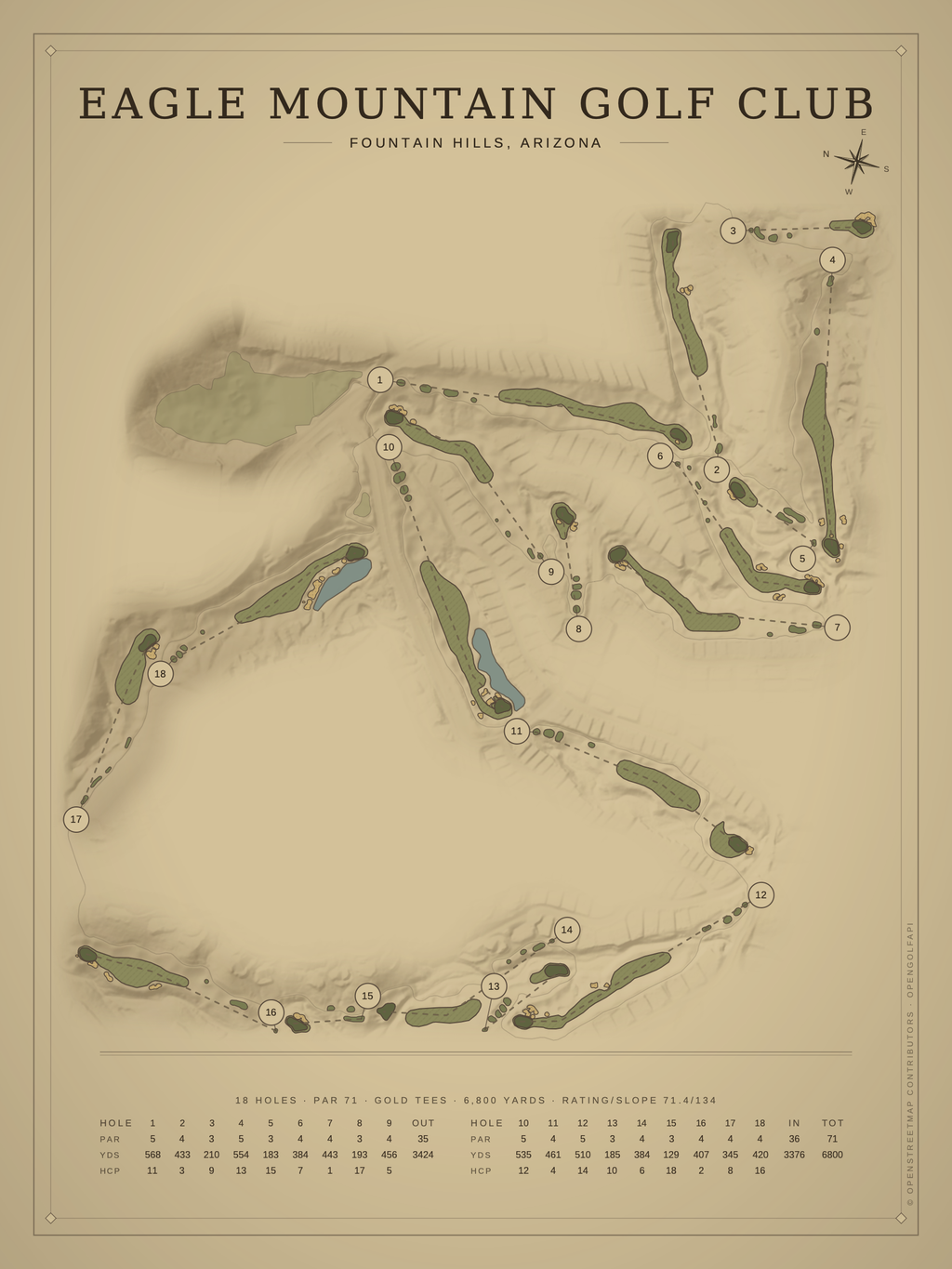 Eagle Mountain Golf Club course map poster, Vintage style, 12×16 / 18×24