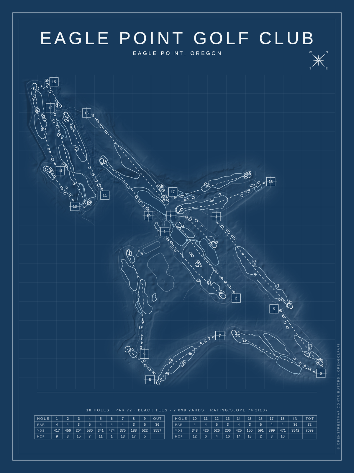 Eagle Point Golf Club course map poster, Blueprint style, 12×16 / 18×24