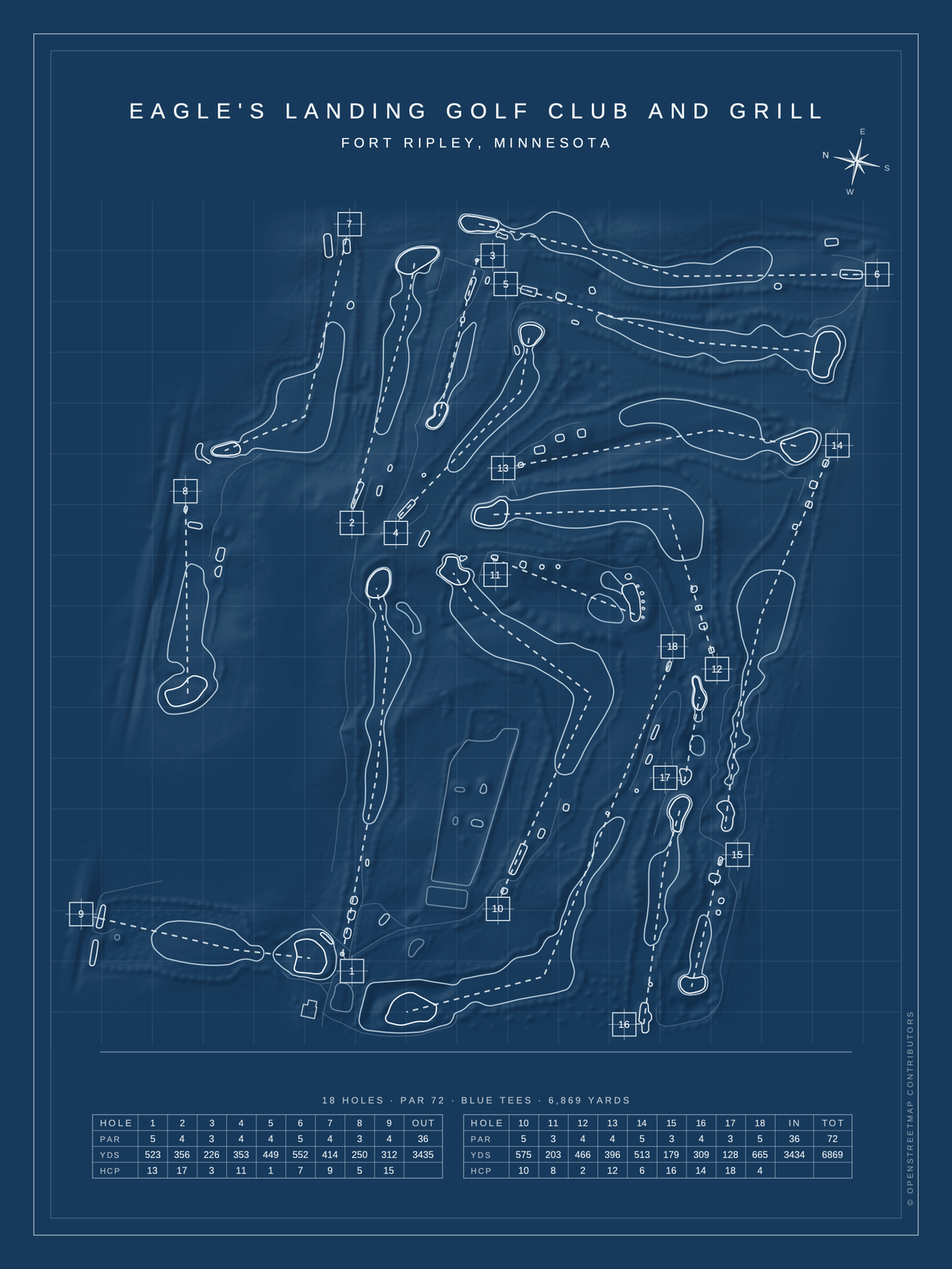 Eagle's Landing Golf Club and Grill course map poster, Blueprint style, 12×16 / 18×24