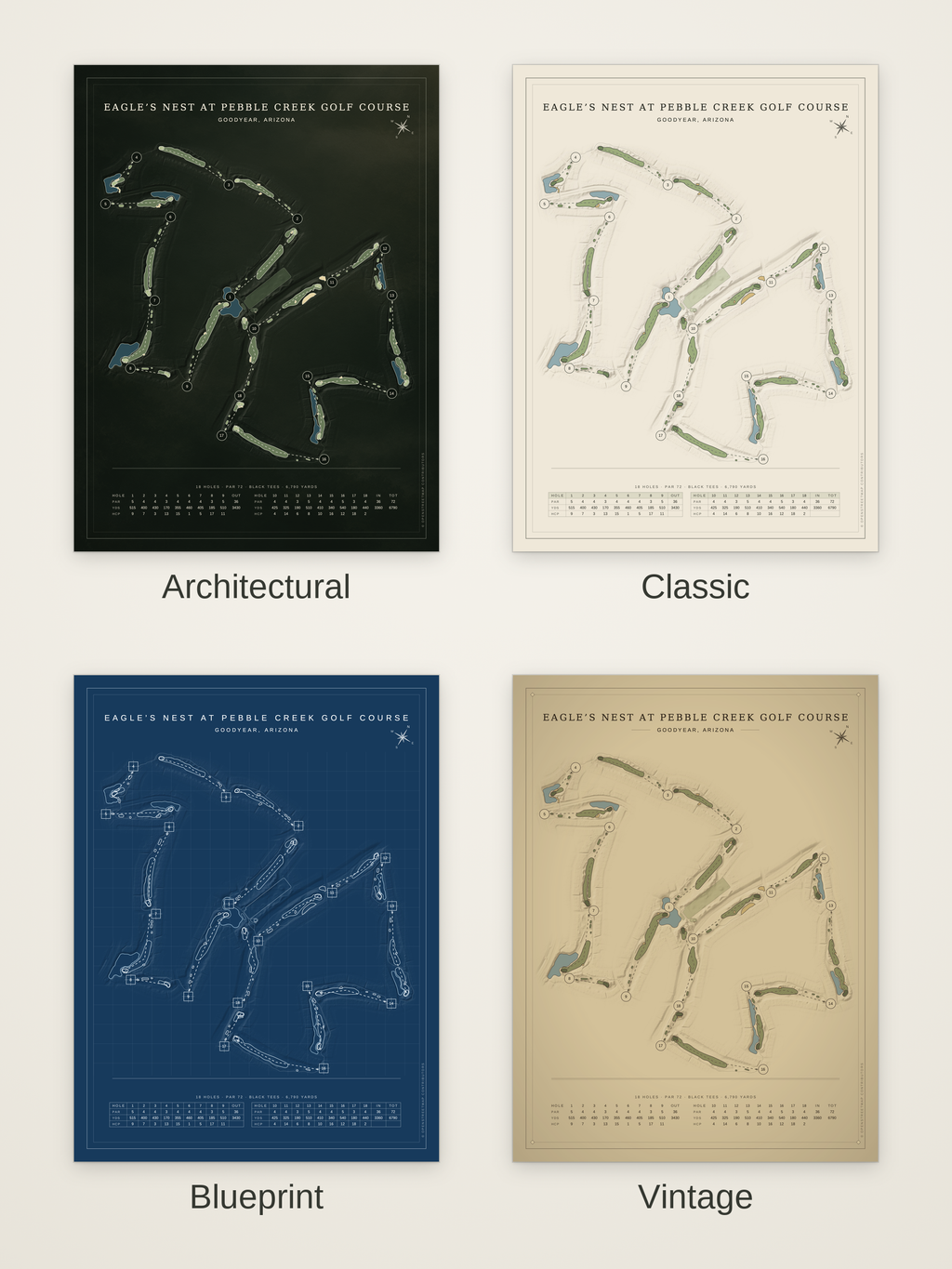 Eagle’s Nest at Pebble Creek Golf Course map poster in four styles: Architectural, Classic, Blueprint and Vintage