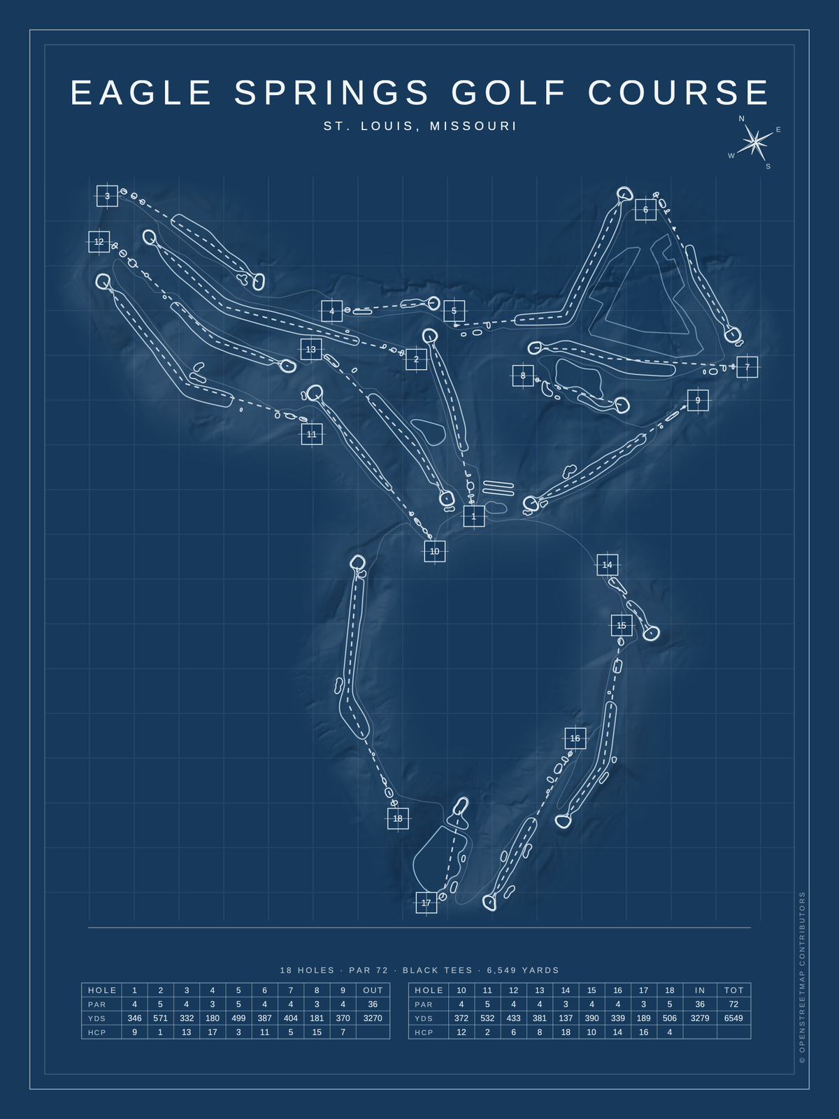 Eagle Springs Golf Course map poster, Blueprint style, 12×16 / 18×24