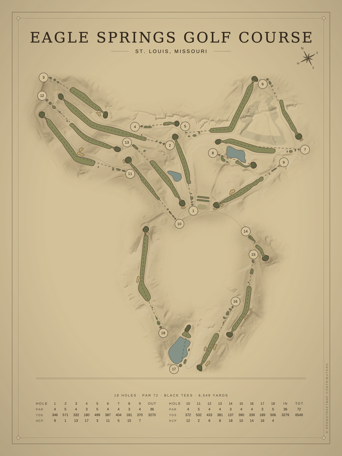 Eagle Springs Golf Course map poster, Vintage style, 12×16 / 18×24