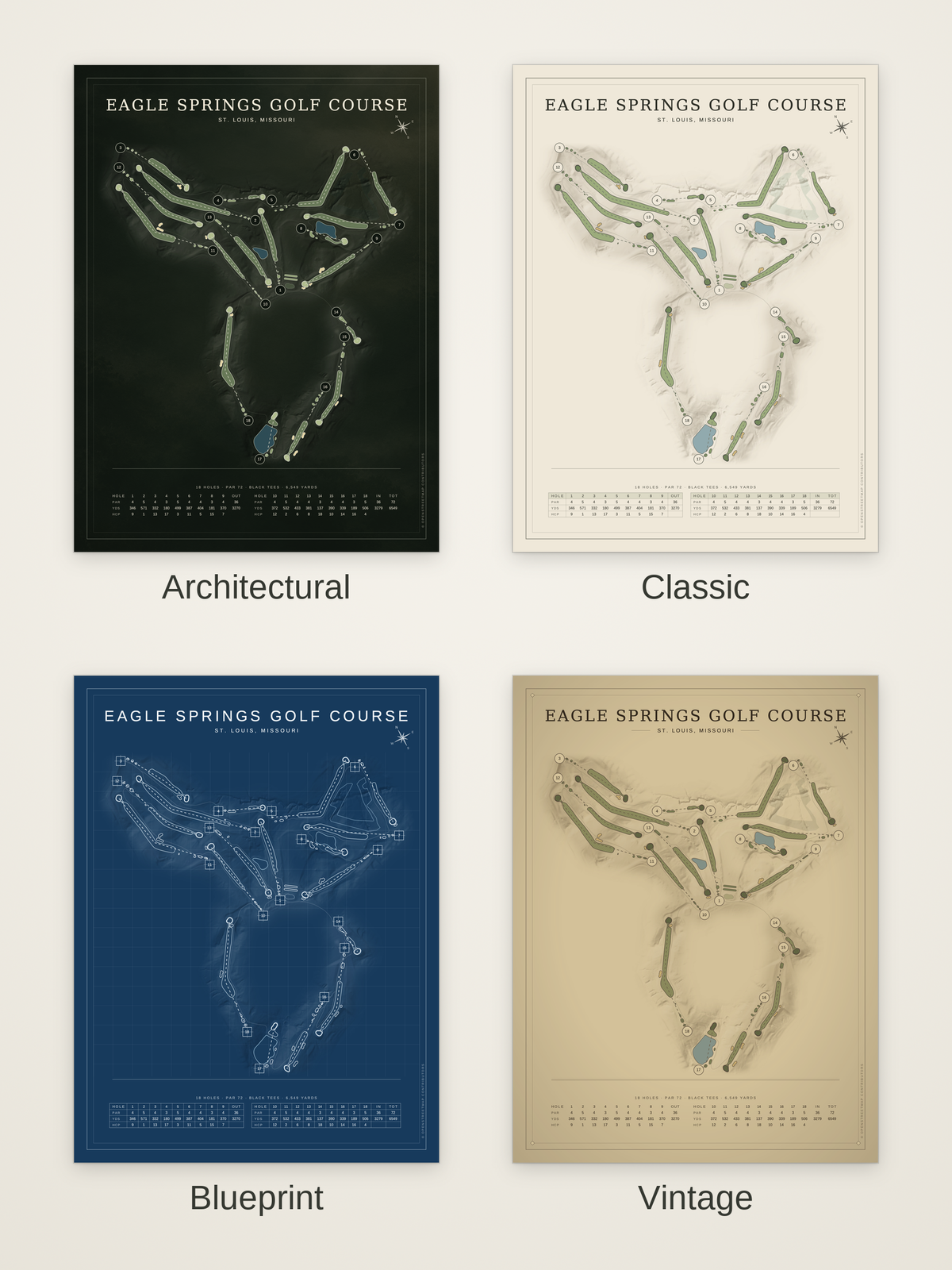 Eagle Springs Golf Course map poster in four styles: Architectural, Classic, Blueprint and Vintage