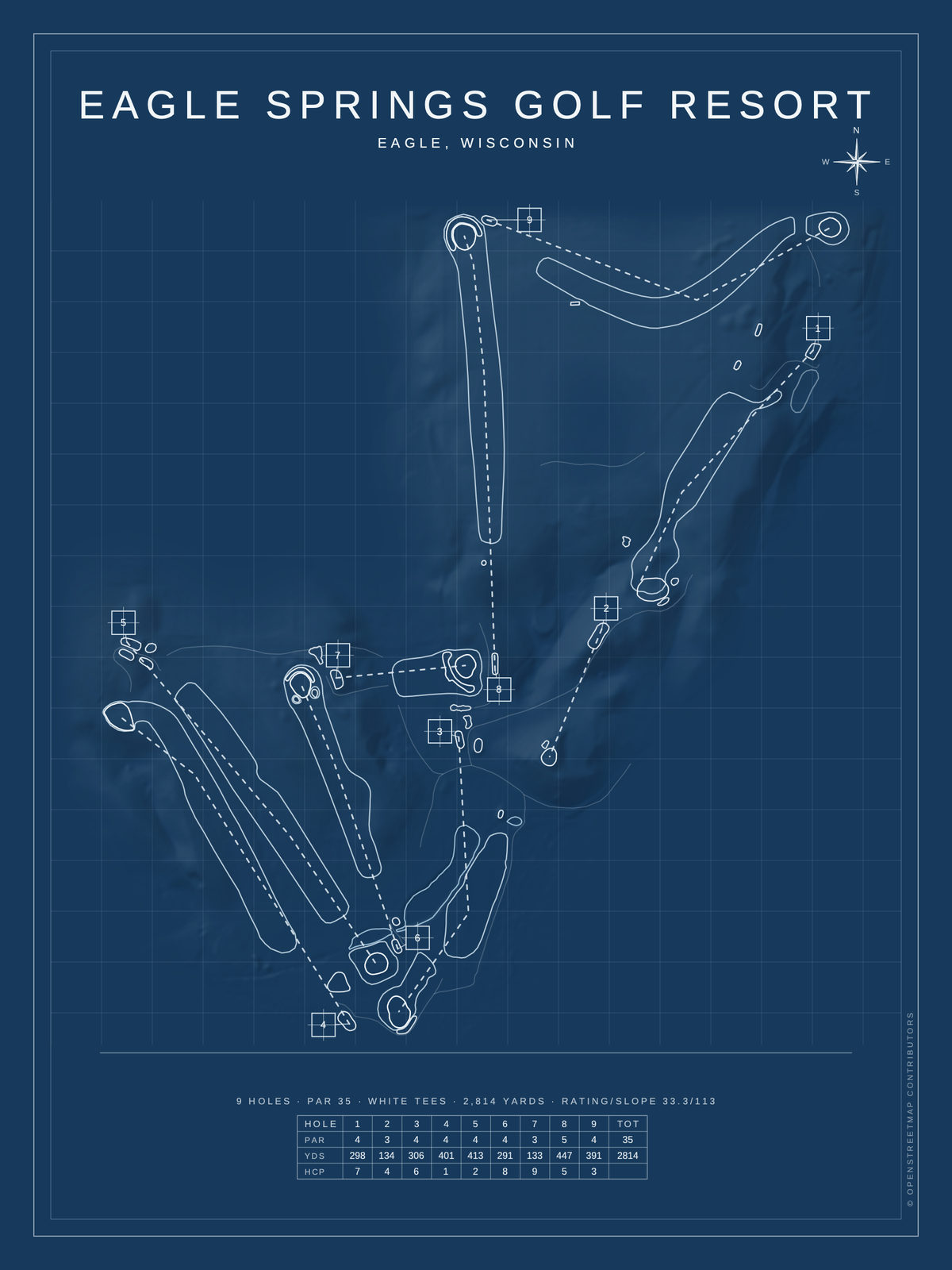 Eagle Springs Golf Resort course map poster, Blueprint style, 12×16 / 18×24