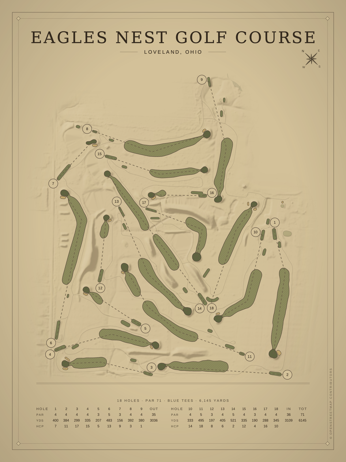 Eagles Nest Golf Course map poster, Vintage style, 12×16 / 18×24