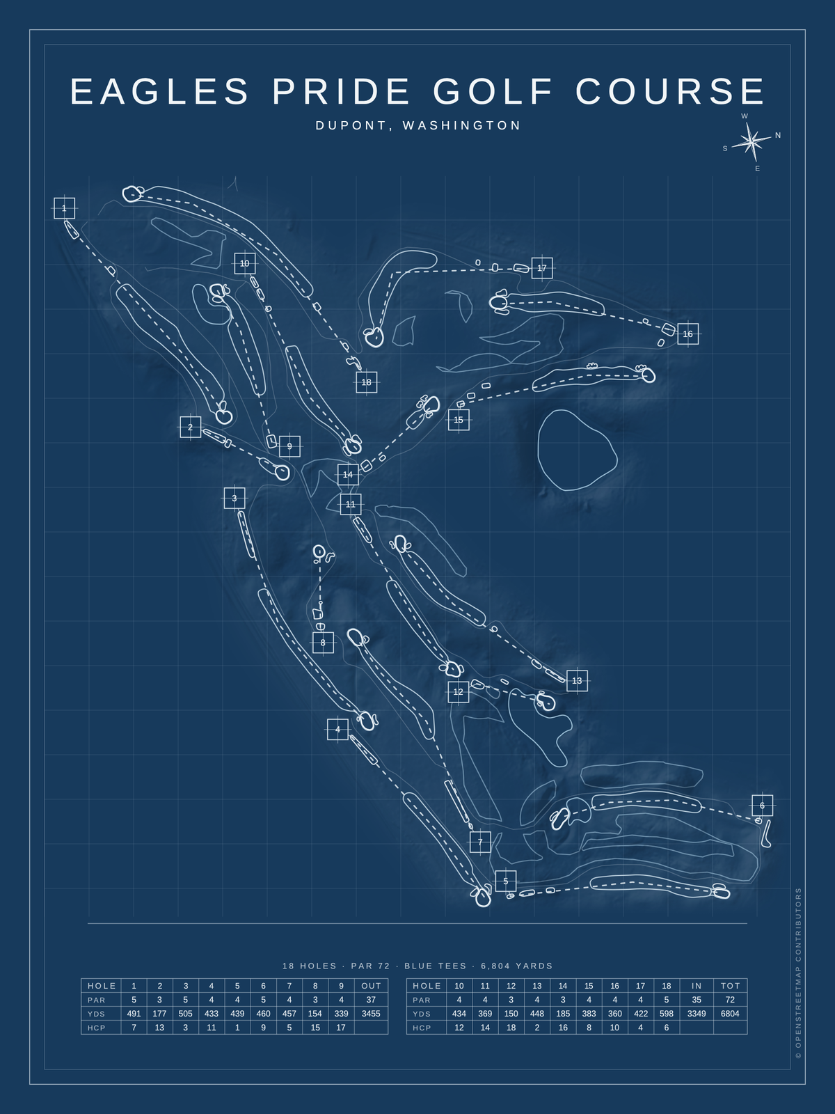 Eagles Pride Golf Course map poster, Blueprint style, 12×16 / 18×24