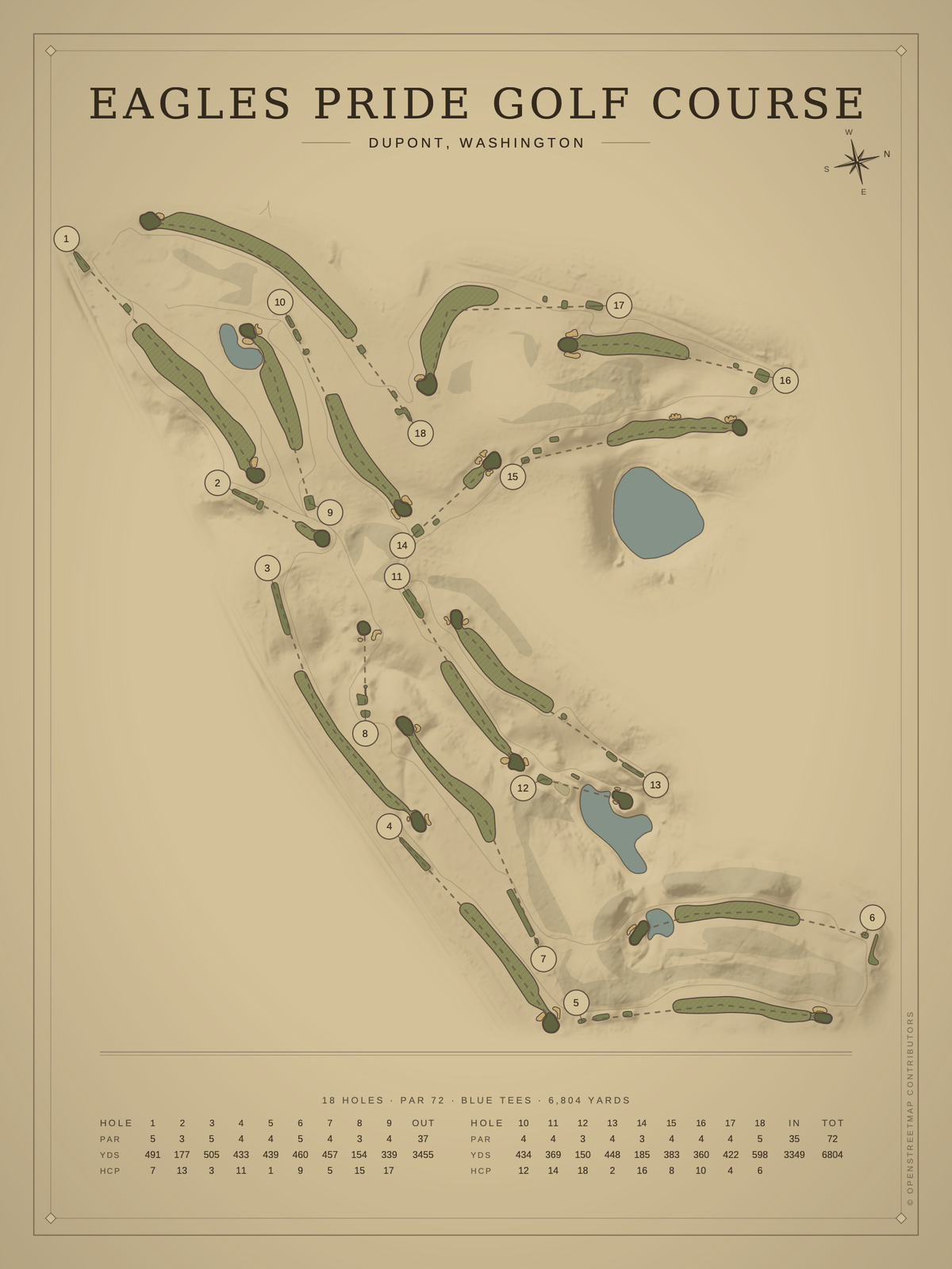 Eagles Pride Golf Course map poster, Vintage style, 12×16 / 18×24