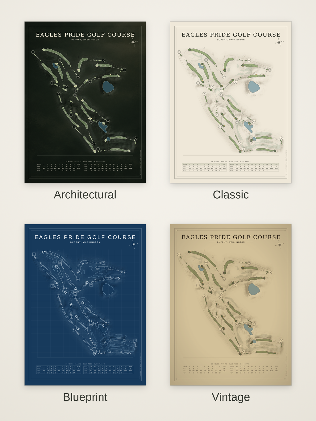Eagles Pride Golf Course map poster in four styles: Architectural, Classic, Blueprint and Vintage