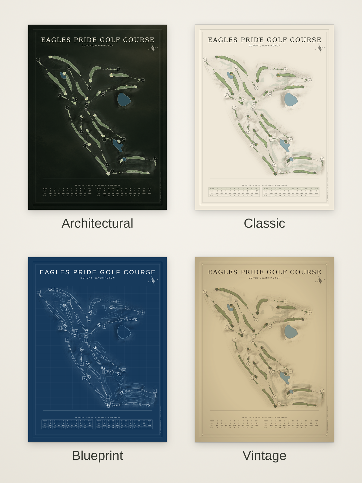 Eagles Pride Golf Course map poster in four styles: Architectural, Classic, Blueprint and Vintage