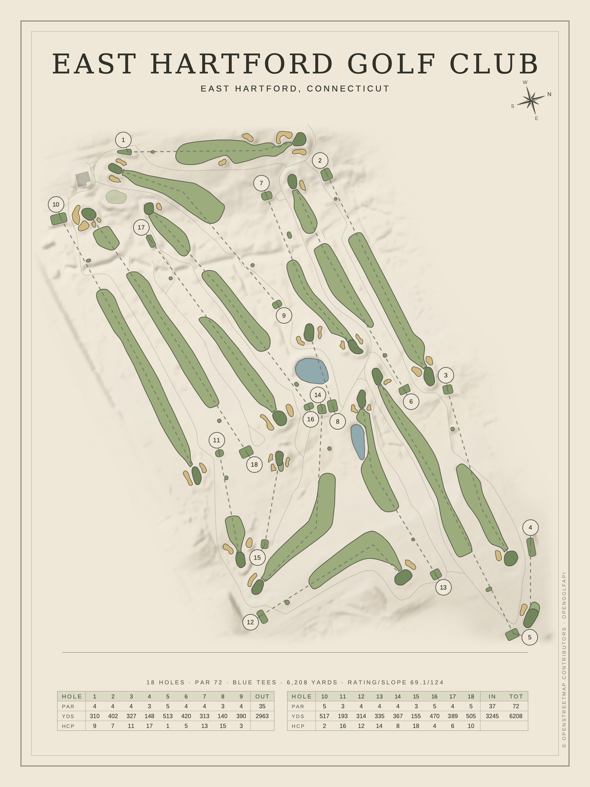 East Hartford Golf Club course map poster, Classic style, 12×16 / 18×24