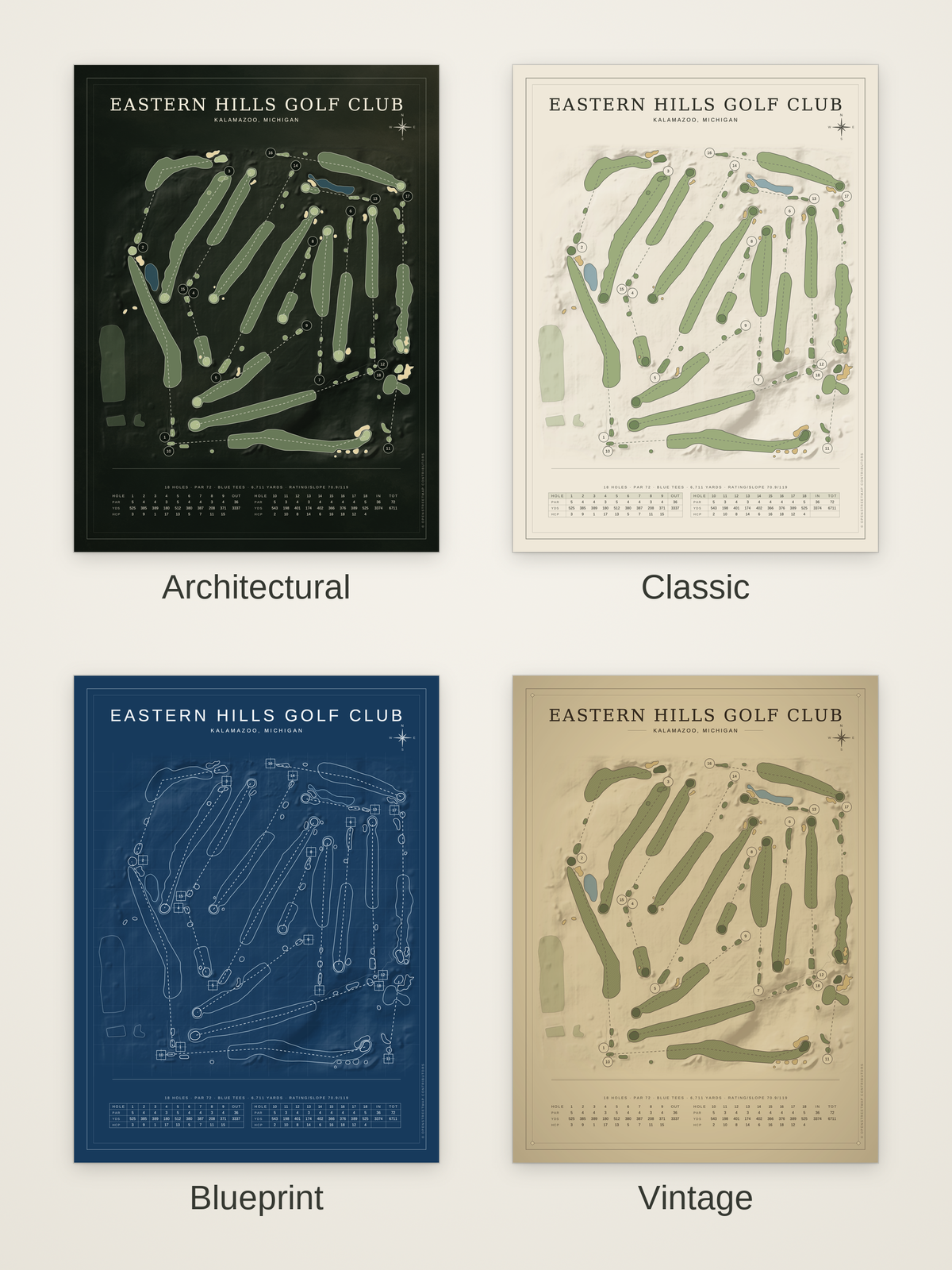 Eastern Hills Golf Club course map poster in four styles: Architectural, Classic, Blueprint and Vintage
