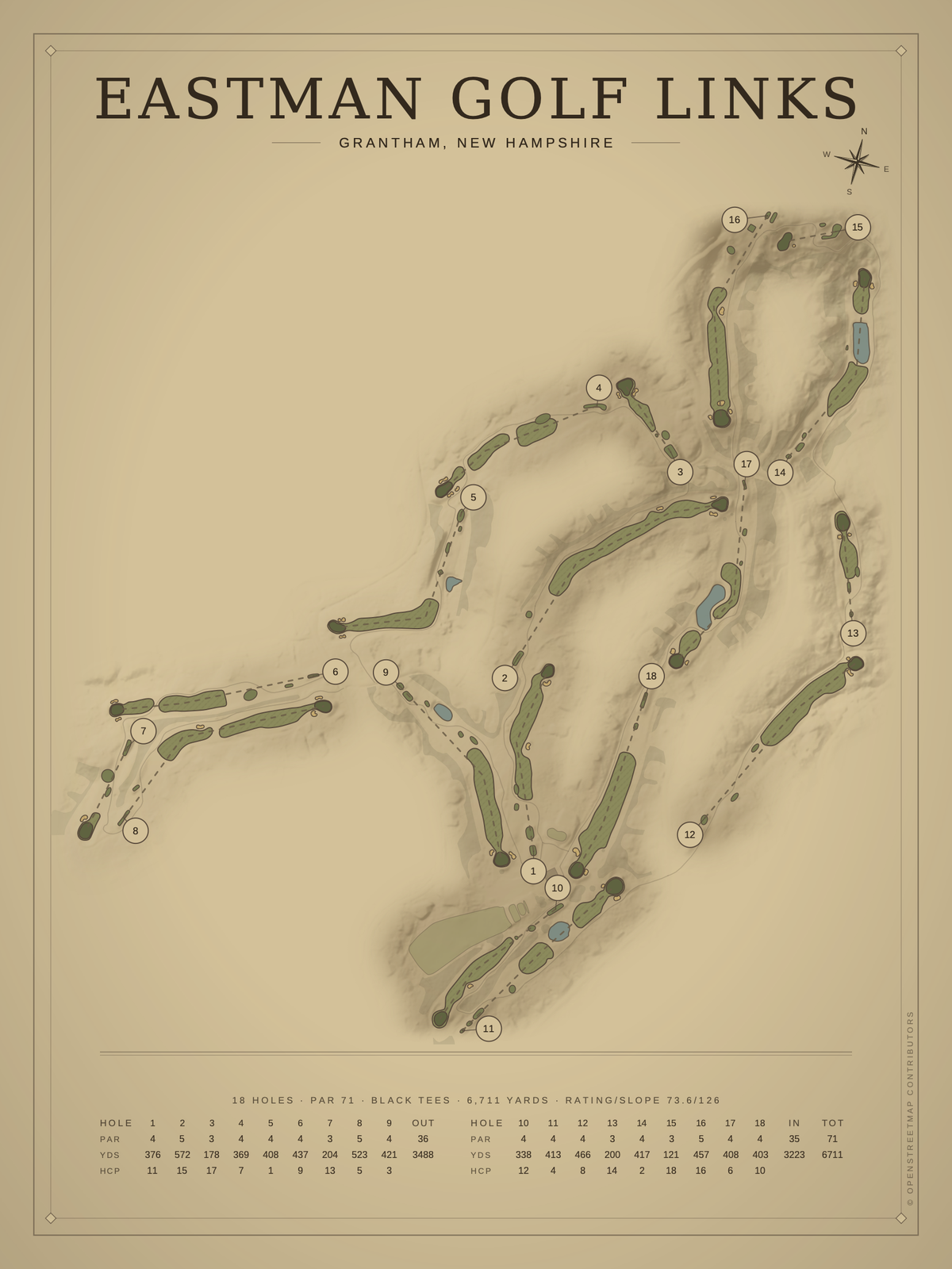 Eastman Golf Links course map poster, Vintage style, 12×16 / 18×24