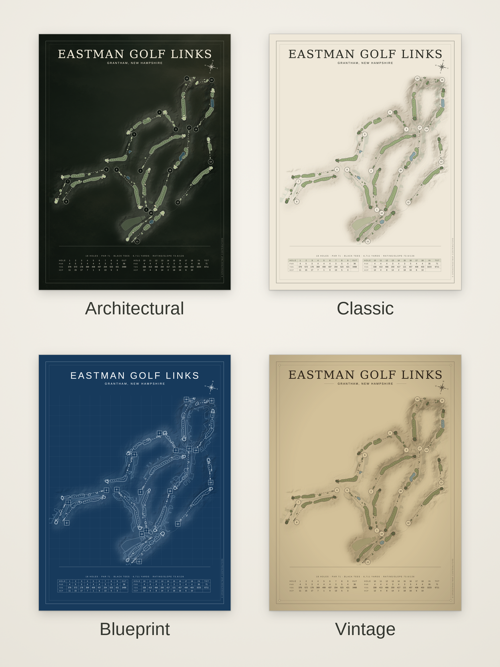 Eastman Golf Links course map poster in four styles: Architectural, Classic, Blueprint and Vintage