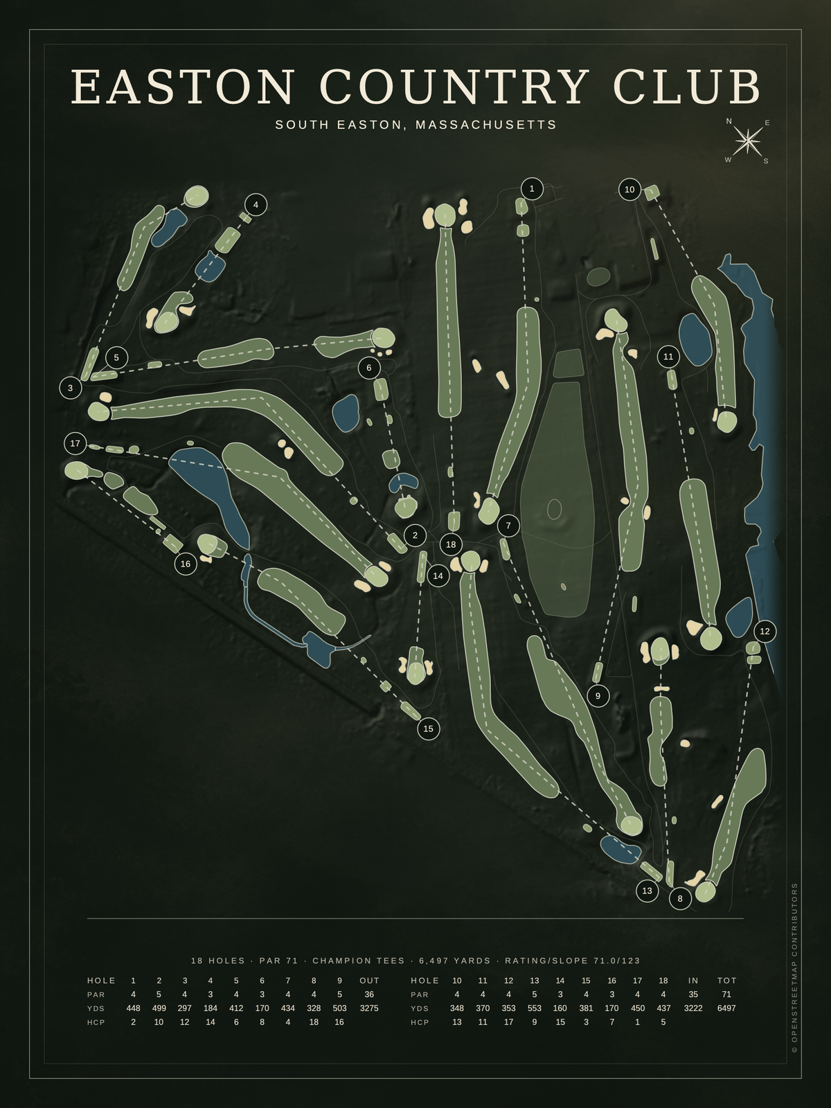 Easton Country Club course map poster, Architectural style, 12×16 / 18×24