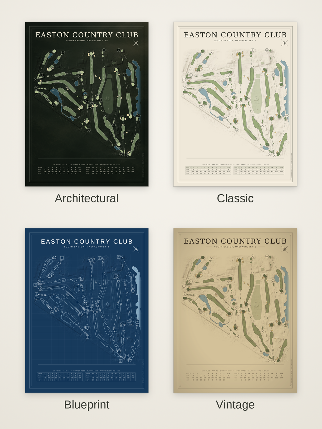 Easton Country Club course map poster in four styles: Architectural, Classic, Blueprint and Vintage