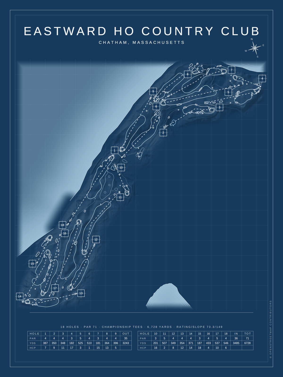 Eastward Ho Country Club course map poster, Blueprint style, 12×16 / 18×24