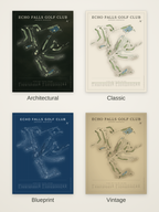 Echo Falls Golf Club course map poster in four styles: Architectural, Classic, Blueprint and Vintage