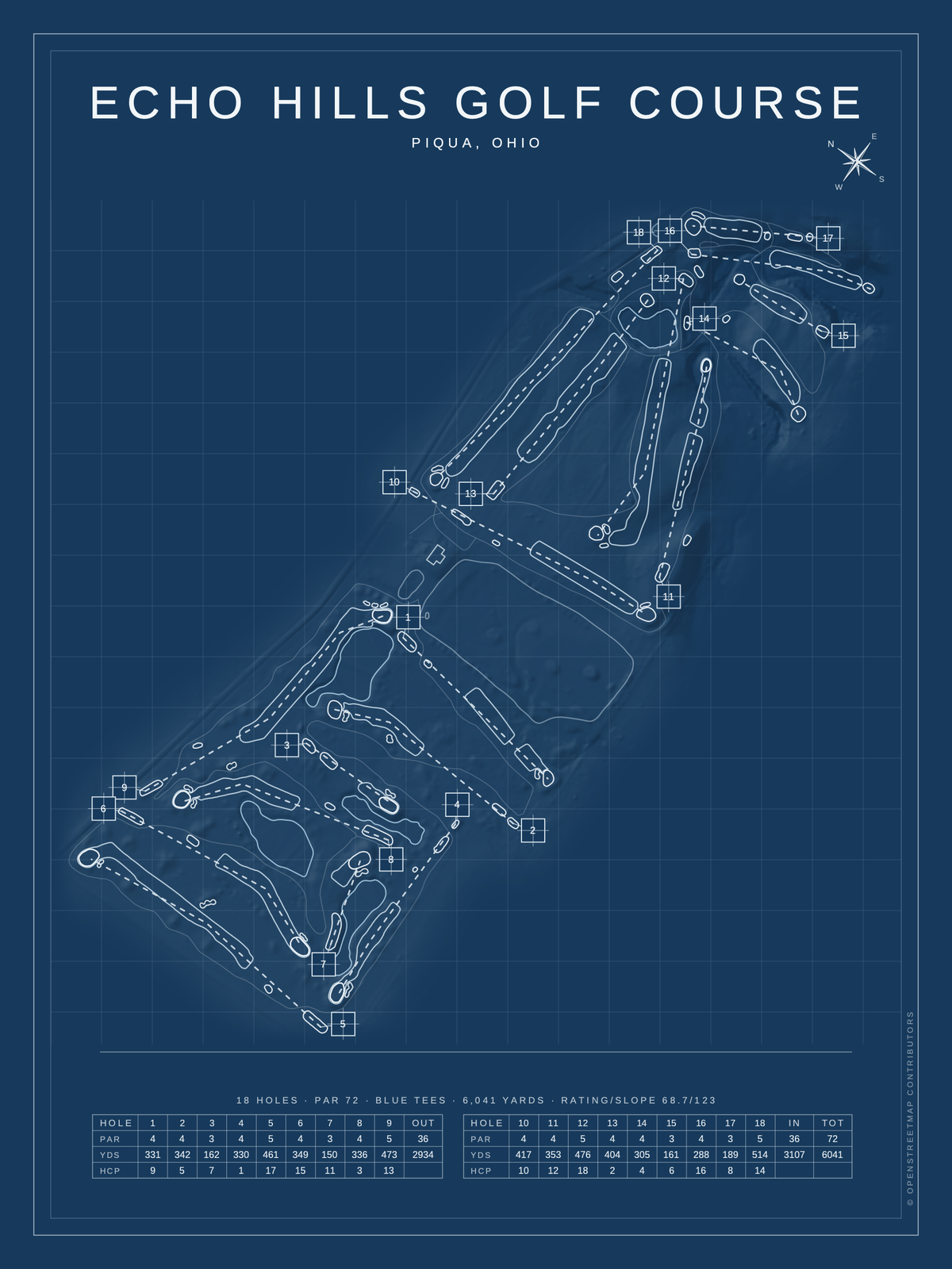 Echo HIlls Golf Course map poster, Blueprint style, 12×16 / 18×24
