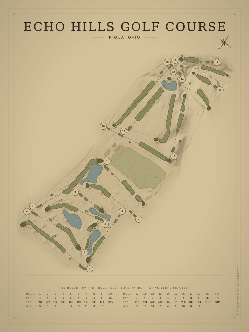 Echo HIlls Golf Course map poster, Vintage style, 12×16 / 18×24
