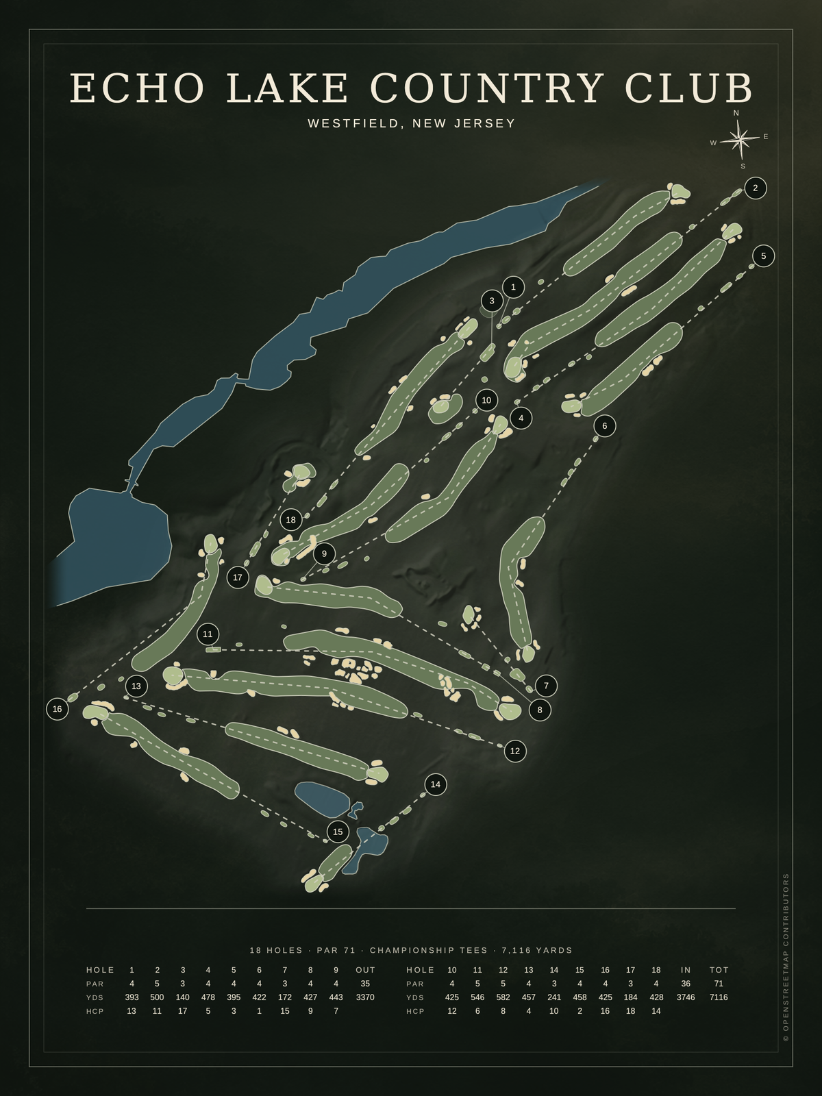Echo Lake Country Club course map poster, Architectural style, 12×16 / 18×24