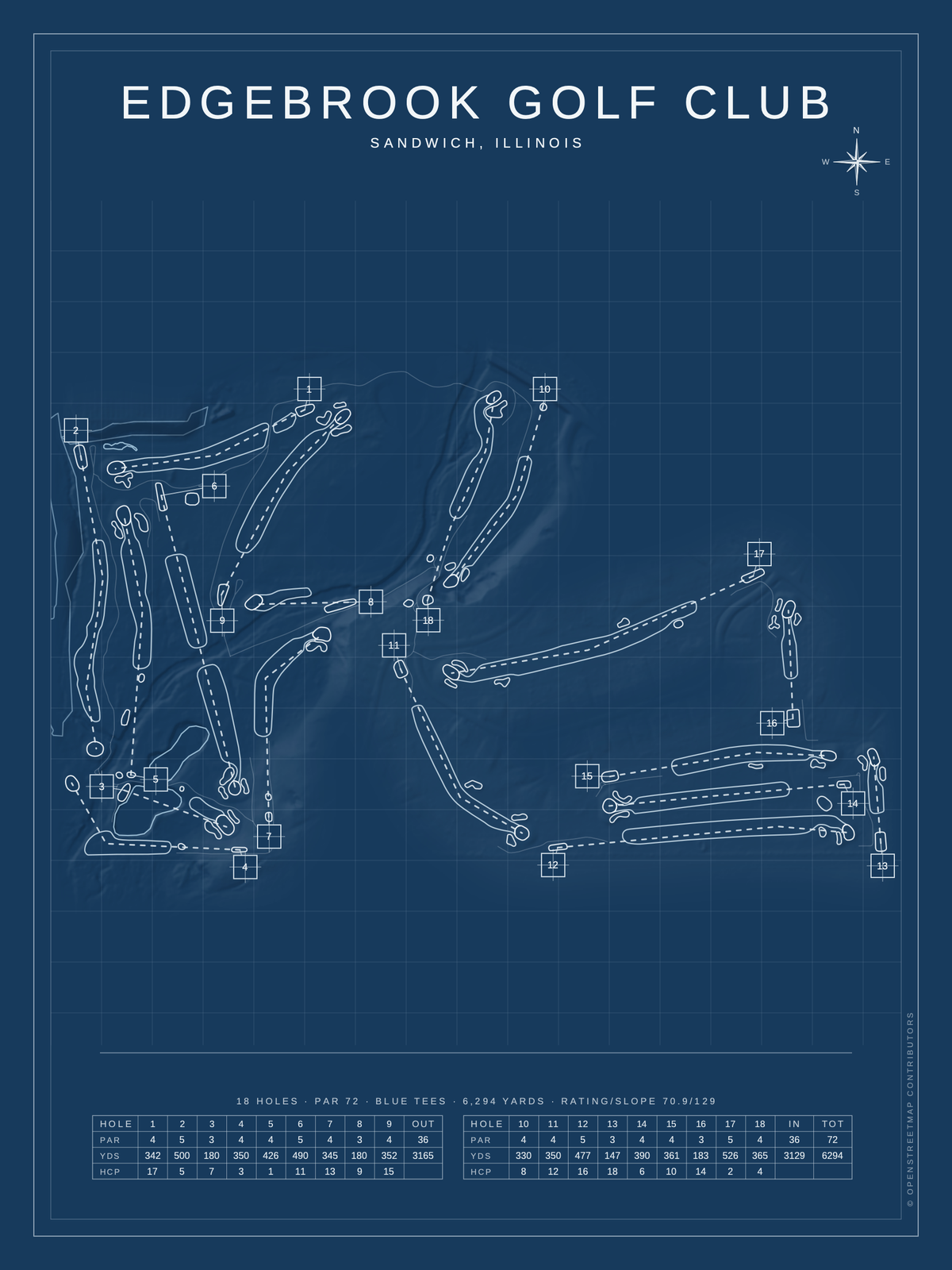 Edgebrook Golf Club course map poster, Blueprint style, 12×16 / 18×24