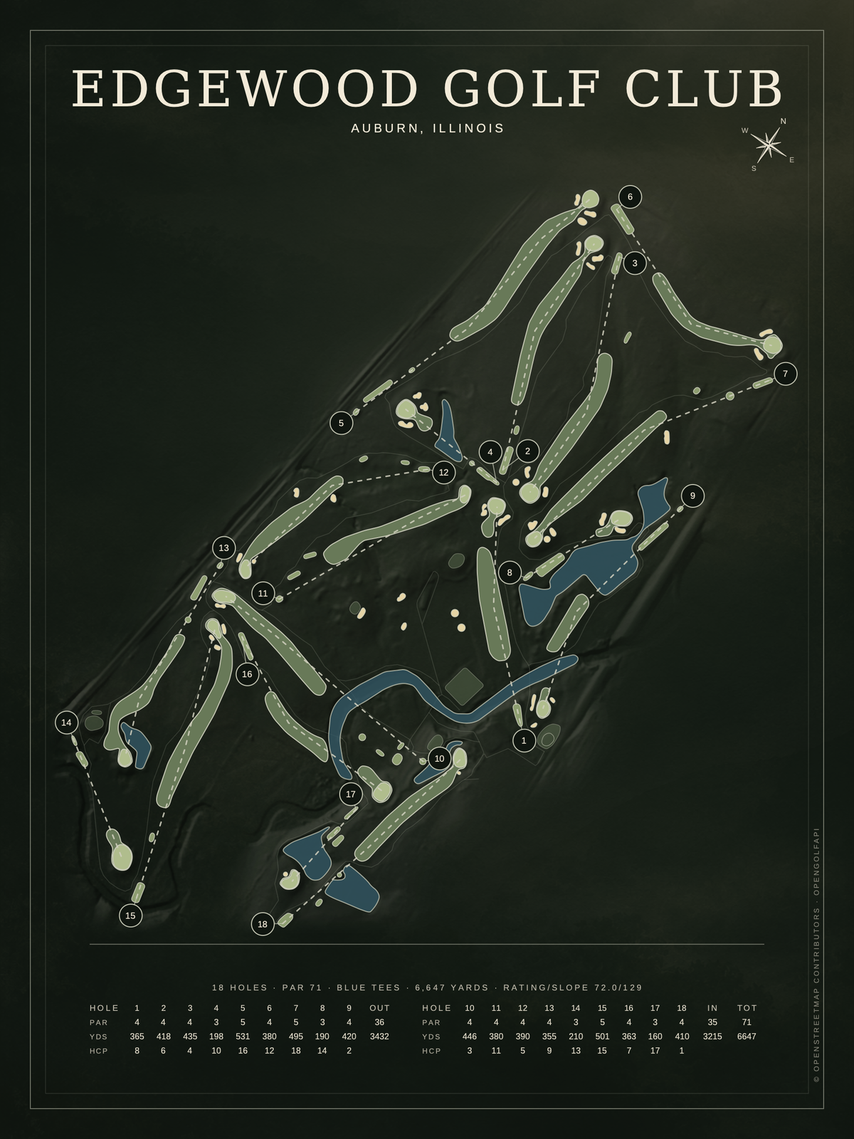 Edgewood Golf Club course map poster, Architectural style, 12×16 / 18×24