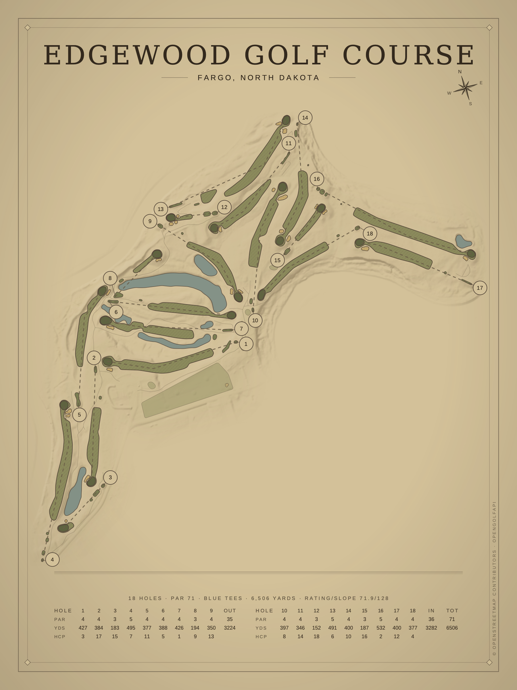 Edgewood Golf Course map poster, Vintage style, 12×16 / 18×24