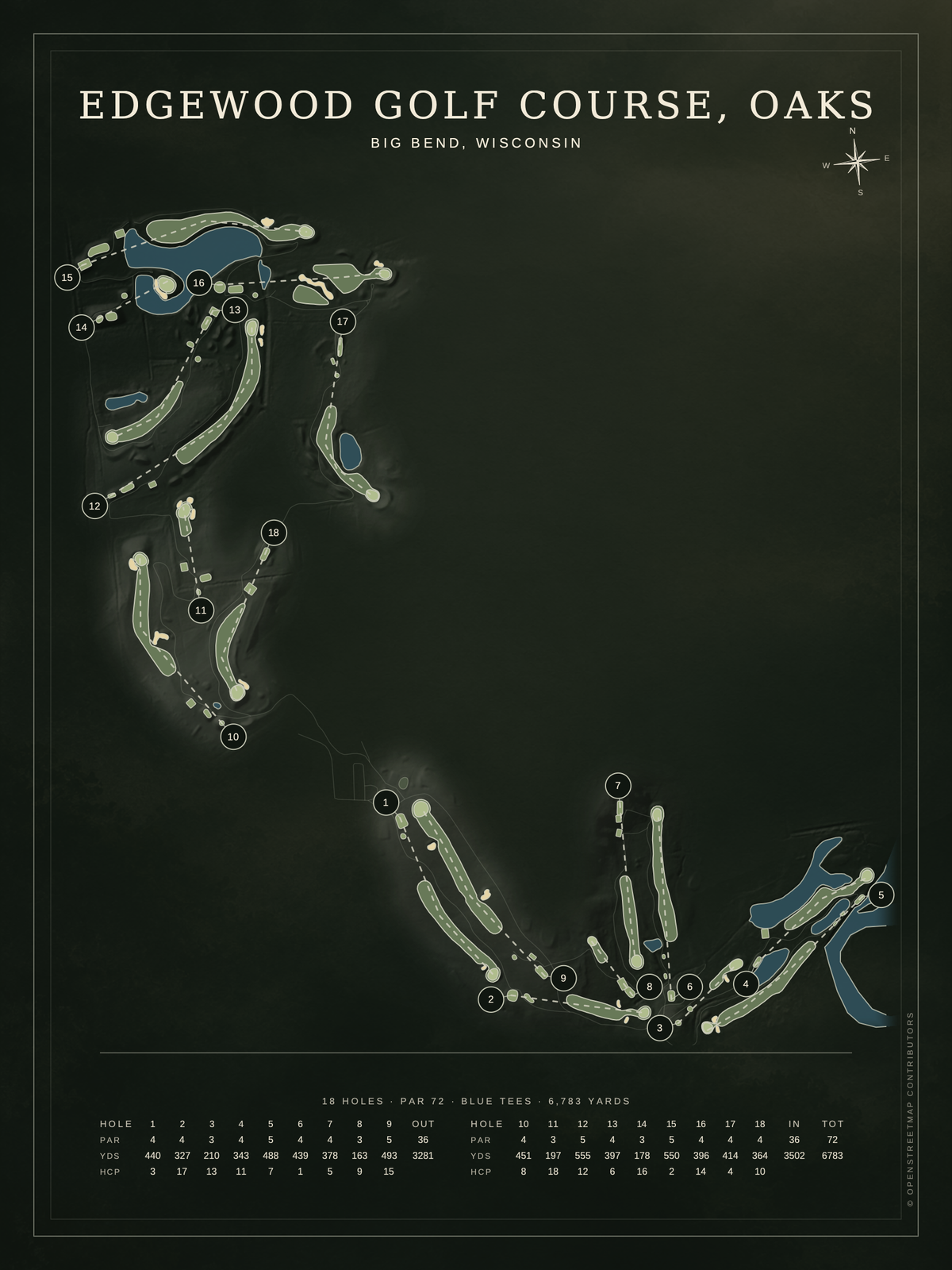 Edgewood Golf Course — Oaks course map poster, Architectural style, 12×16 / 18×24