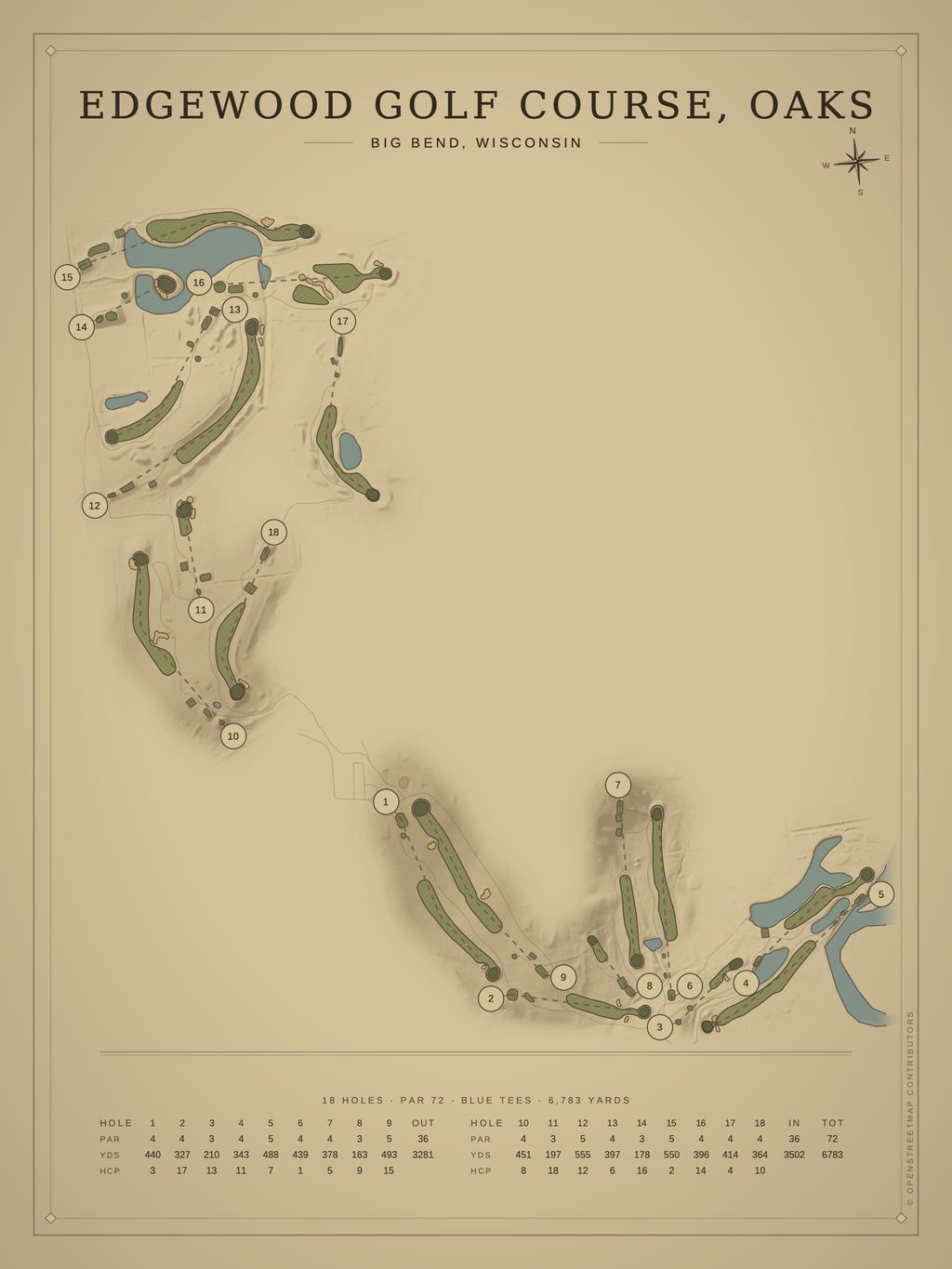 Edgewood Golf Course — Oaks course map poster, Vintage style, 12×16 / 18×24